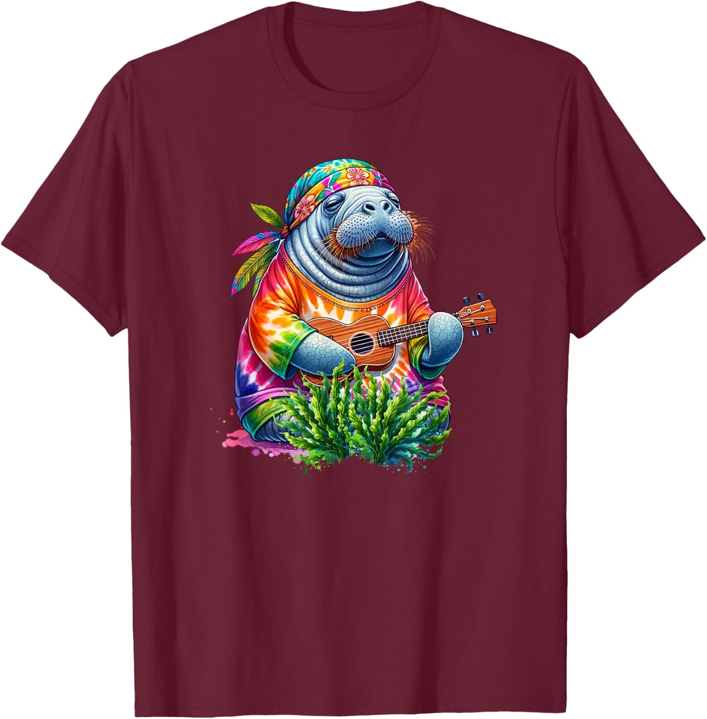 Funny Manatee Wears Hippie Tie Dye Playing Ukulele Uke Life T-Shirt - T-Shirt | Maroon