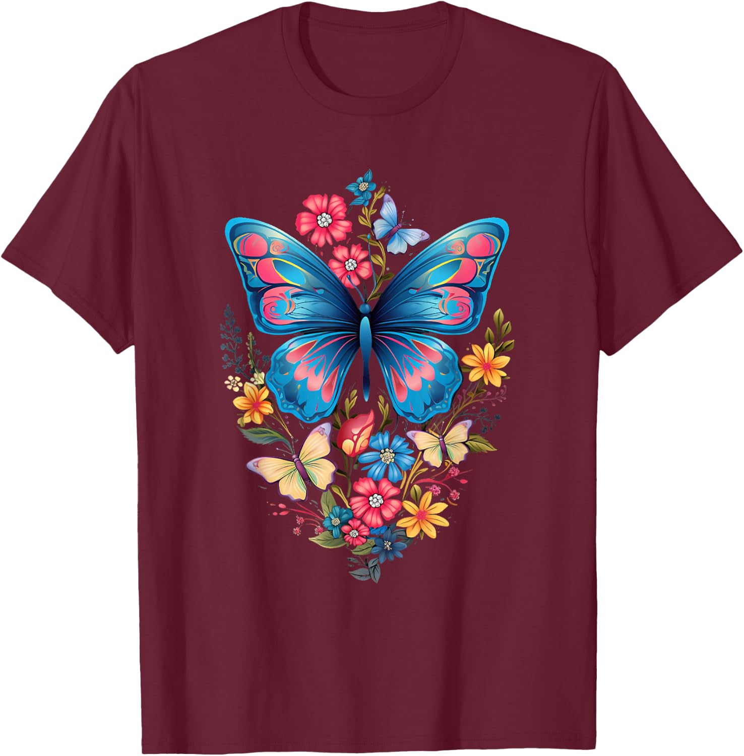 Butterfly with Flowers I Aesthetic Butterfly T-Shirt - T-Shirt | Maroon