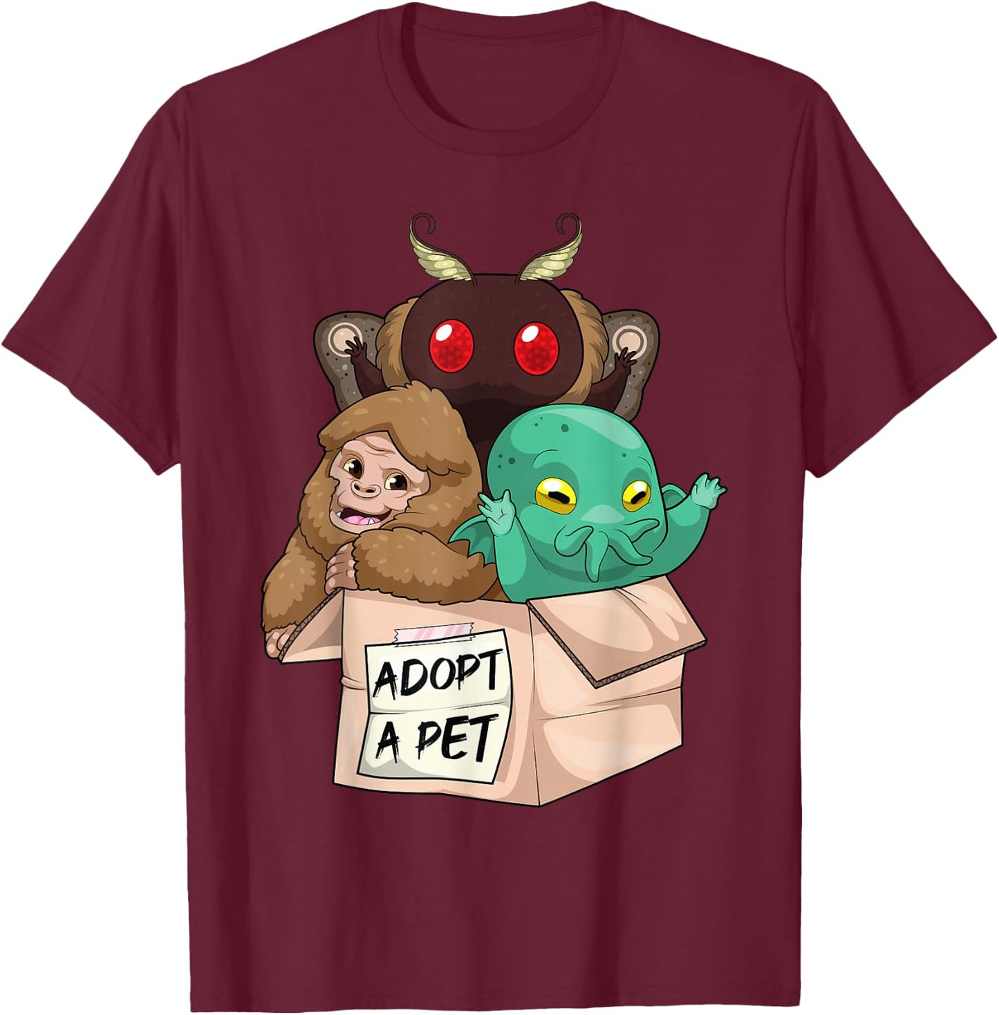 Adopt A Pet Shirt Creepy Monsters Bigfoot Mothman T-Shirt - T-Shirt | Maroon