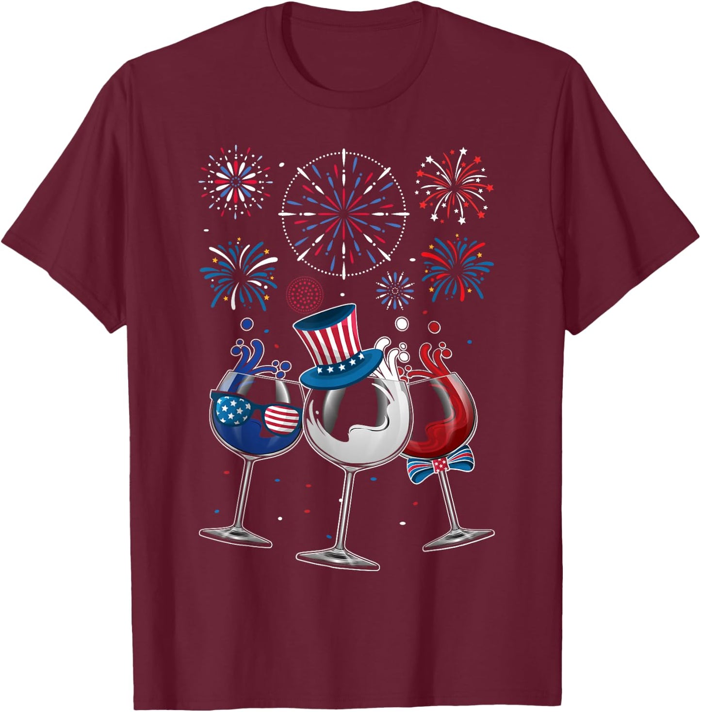 4th of July Red White Blue Wine Glasses Fireworks Patriotic Women Men T-Shirt - T-Shirt | Maroon