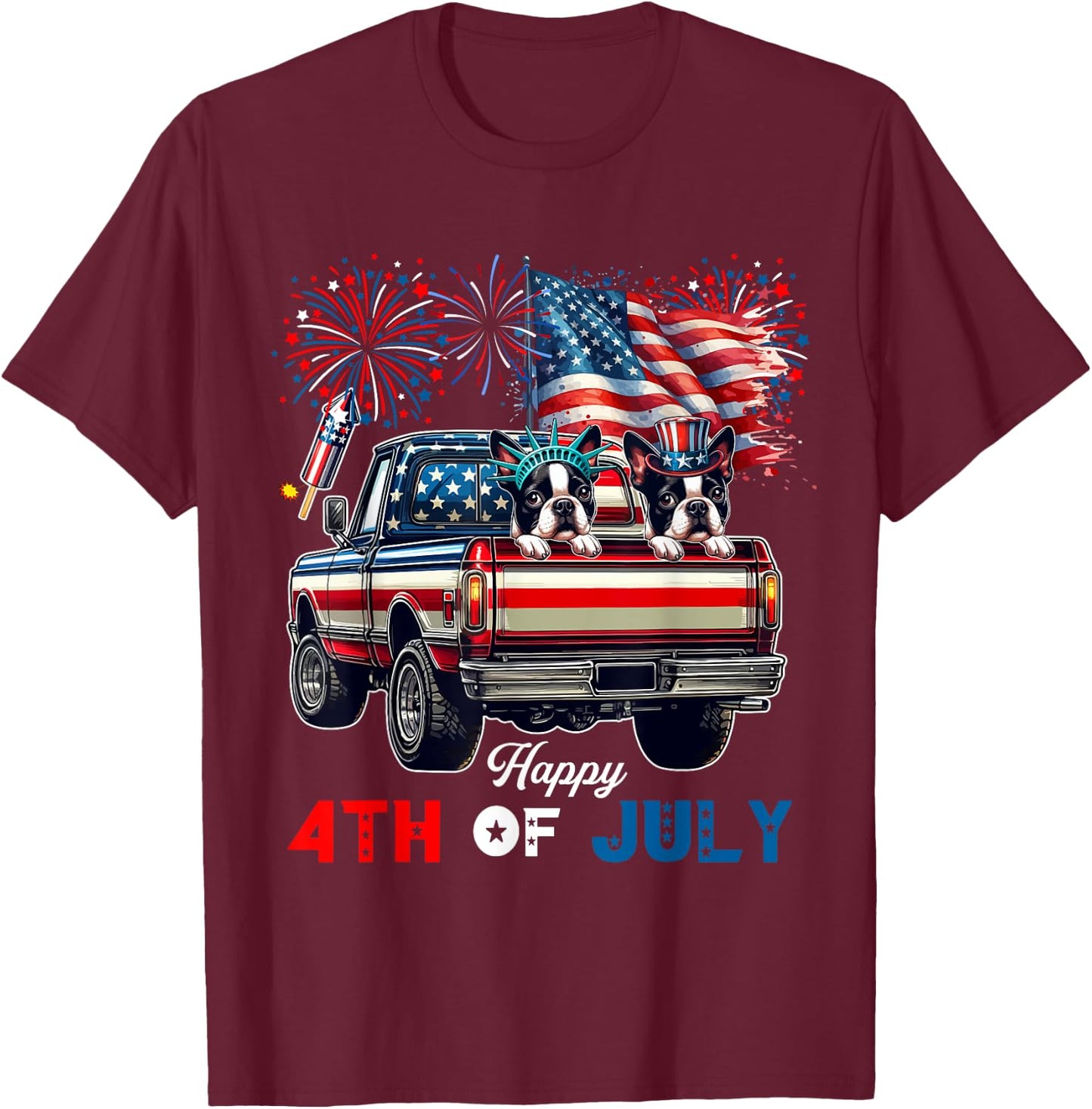 4th Of July Two Cute Boston Terriers On Pickup Truck Flag T-Shirt - T-Shirt | Maroon