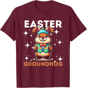 Easter Groundhog Day With Bunny Ears Fun T-Shirt - T-Shirt | Maroon