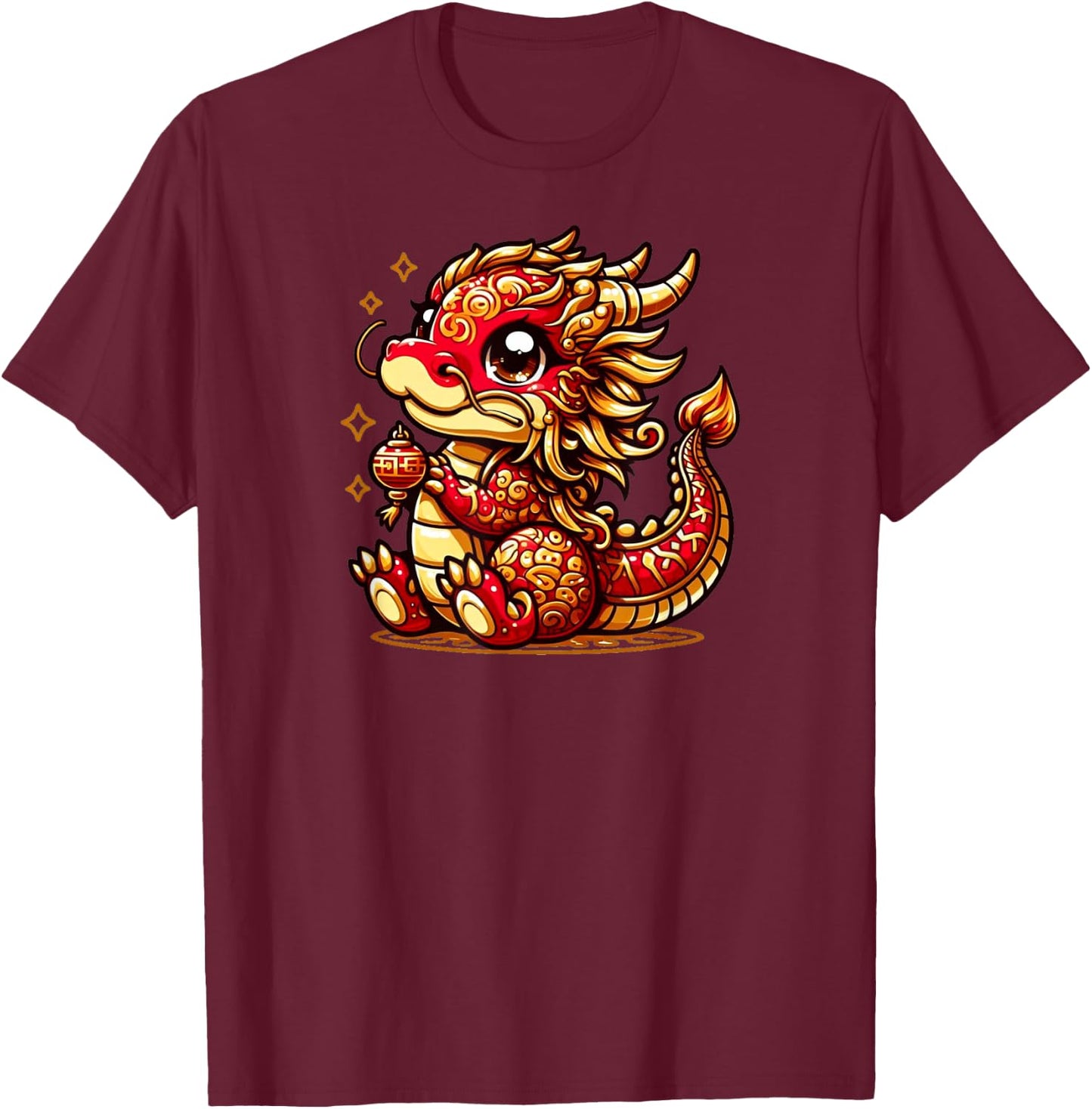 Cute Kawaii Red Gold Dragon Chinese Lunar New Year Lucky T-Shirt - T-Shirt | Maroon