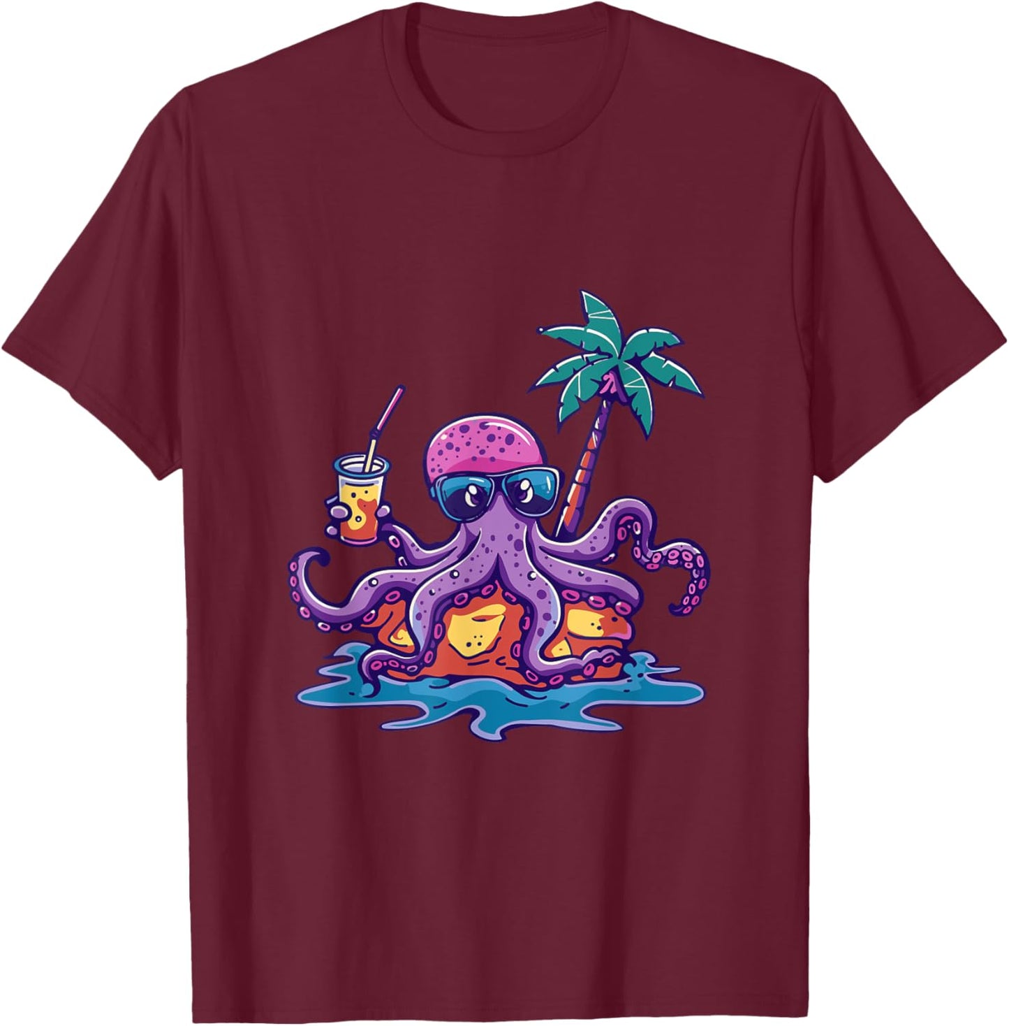Octopus Party Palm Trees Summer Holiday T-Shirt - T-Shirt | Maroon