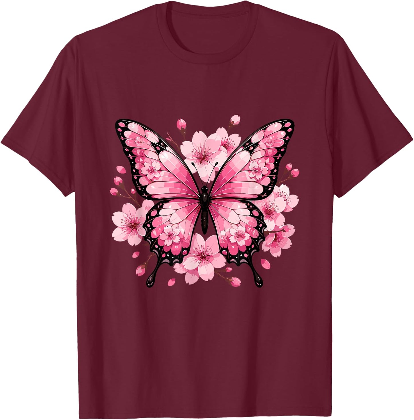 Pink Butterfly with Sakura Cherry Blossom Floral T-Shirt - T-Shirt | Maroon