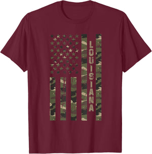 Louisiana United States Distressed Camo w US Flag T-Shirt - T-Shirt | Maroon