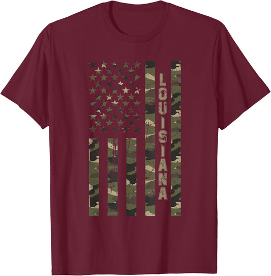 Louisiana United States Distressed Camo w US Flag T-Shirt - T-Shirt | Maroon