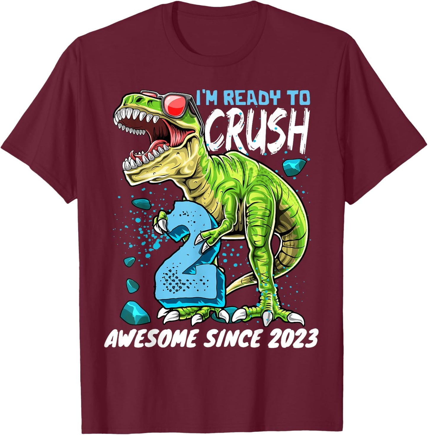 2nd Birthday T Rex Dinosaur Party Boys Rawr I'm 2 T-Shirt - T-Shirt | Maroon