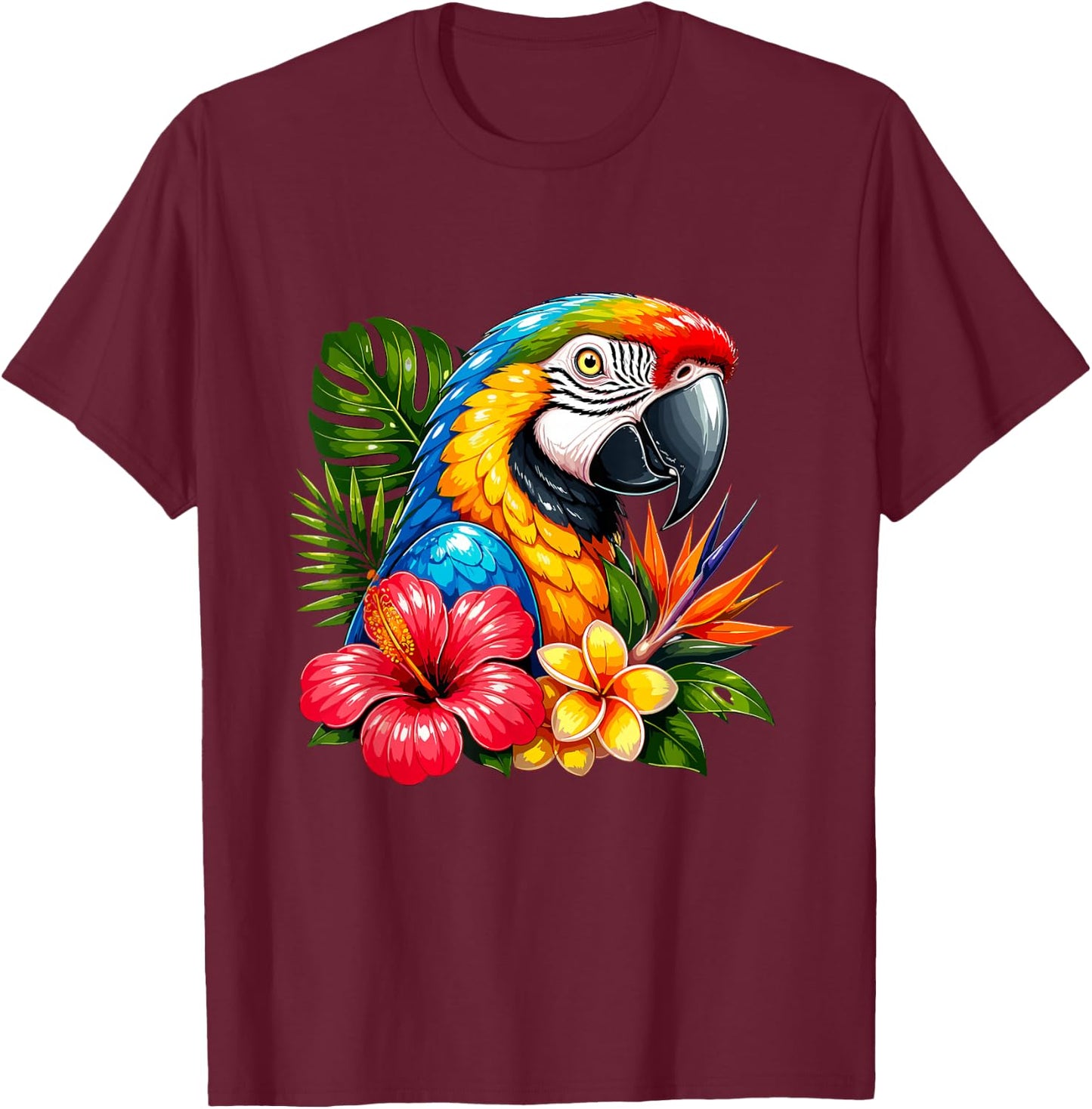 Colorful Parrot Tropical Flowers Summer Vibes T-Shirt - T-Shirt | Maroon