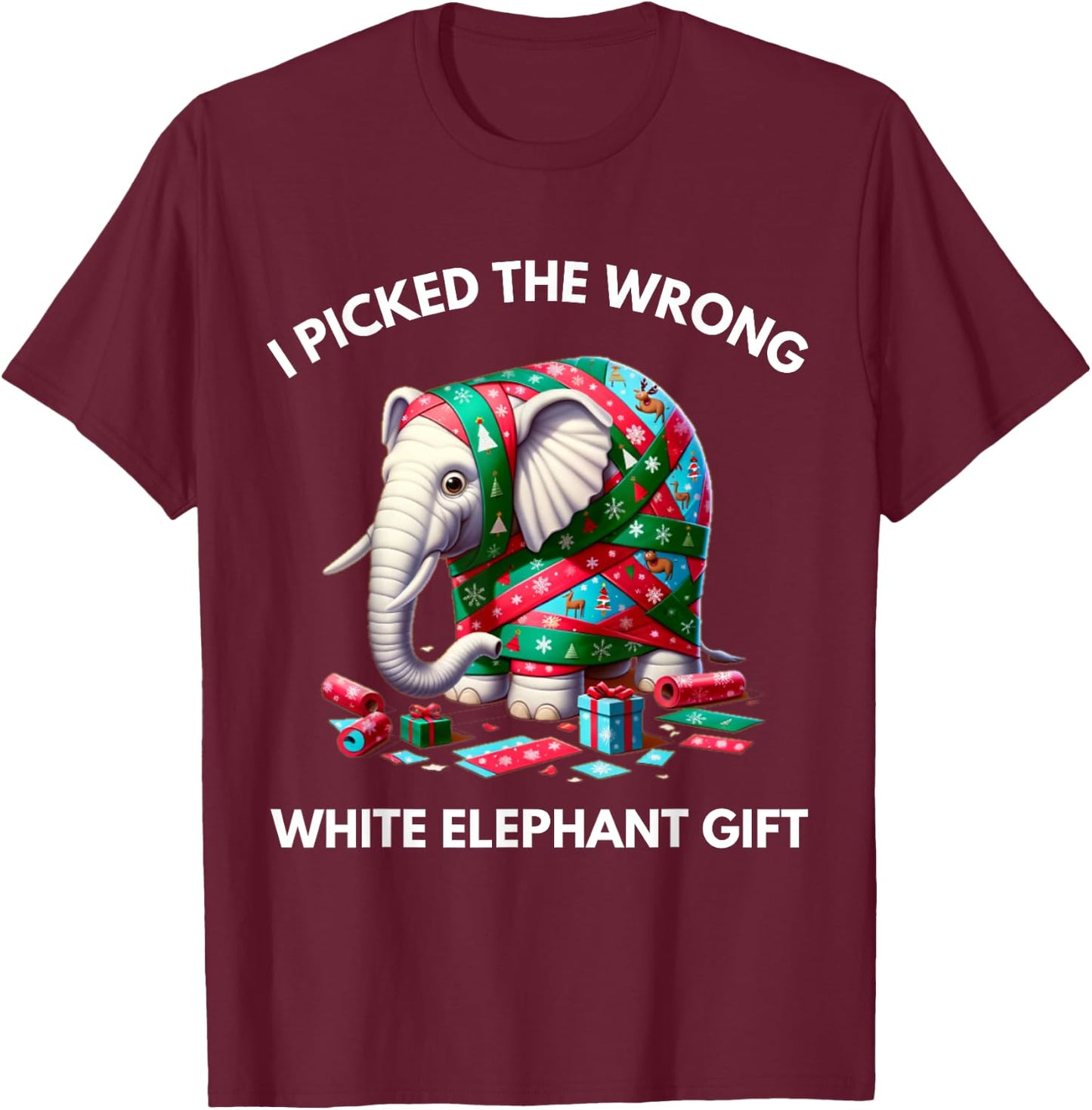 Funny White Elephant Gift Wrapped Elephant Dumb Gift T-Shirt - T-Shirt | Maroon