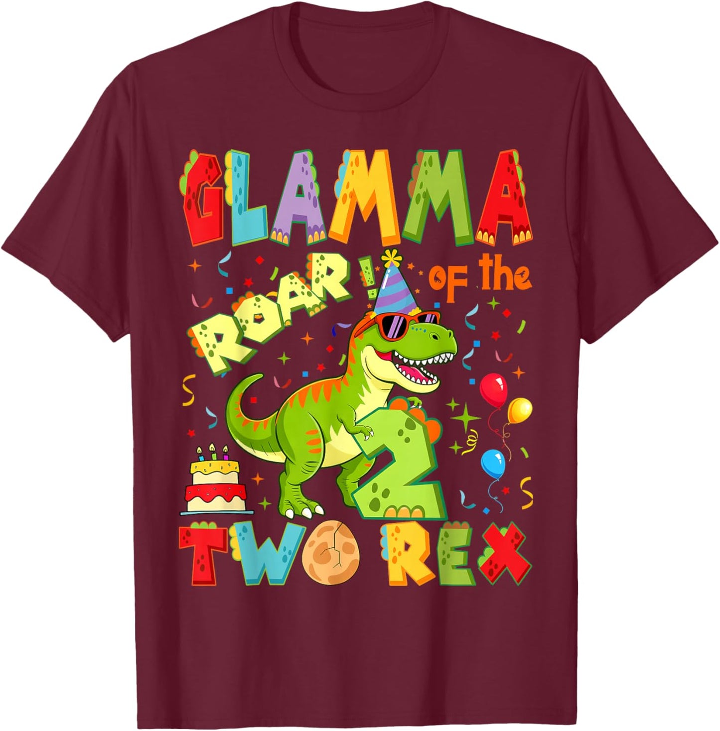Glamma of The Two Rex 2nd Birthday Boy Dinosaur T-Rex T-Shirt - T-Shirt | Maroon