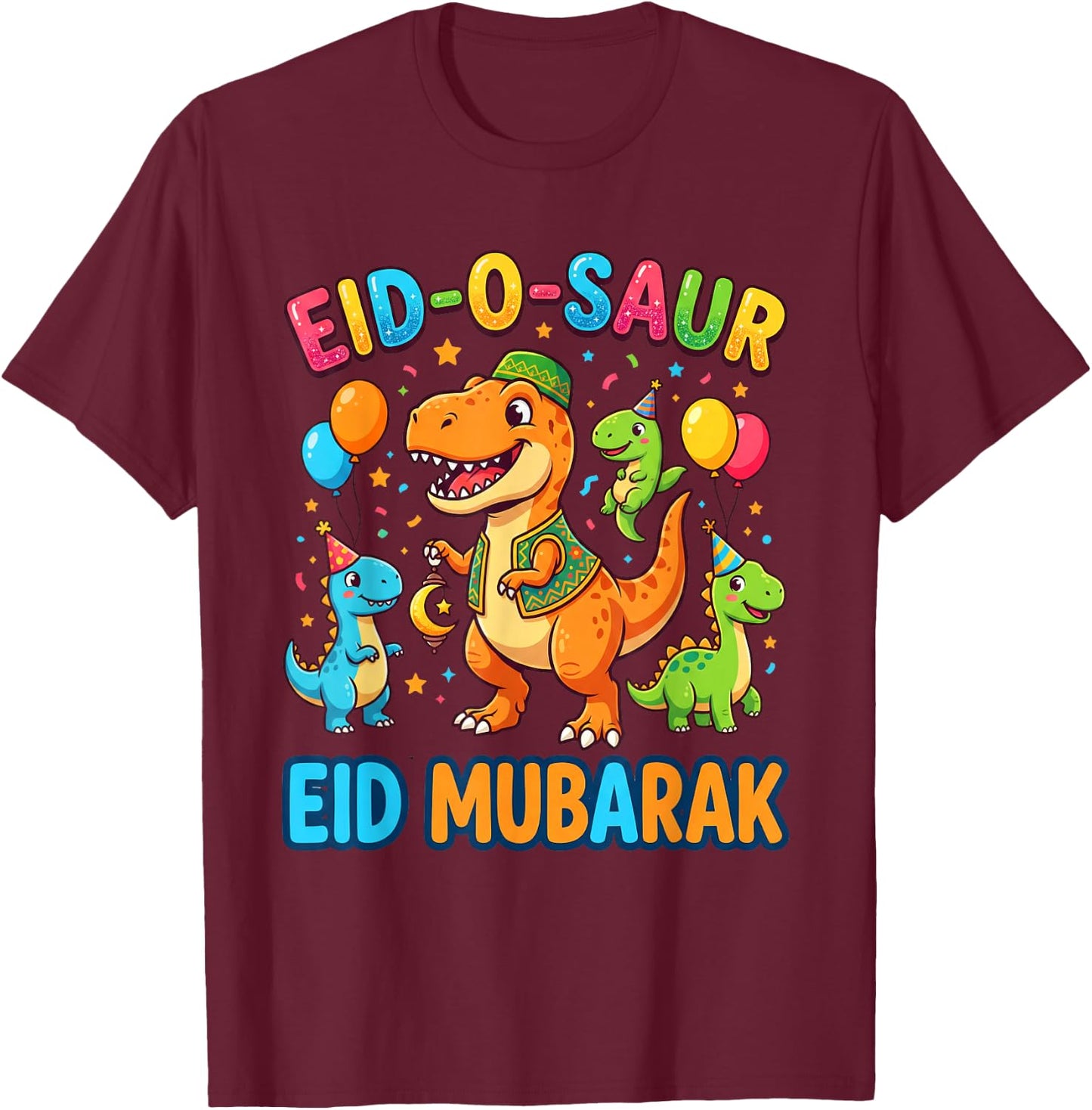 Funny Happy Eid Mubarak for Muslim Dinosaur Kids Youth Boys T-Shirt - T-Shirt | Maroon