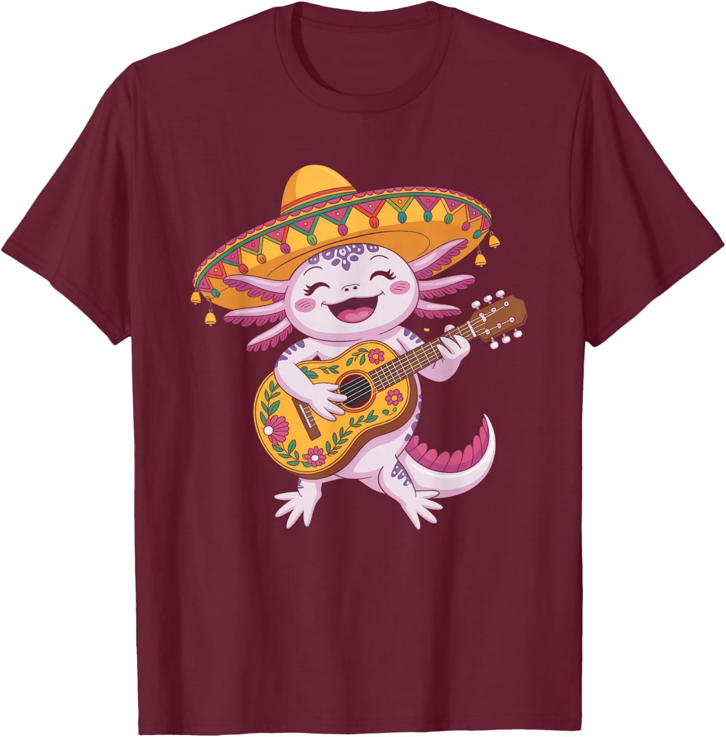 Mariachi Axolotl Fiesta Cinco De Mayo Party Sombrero Guitar T-Shirt - T-Shirt | Maroon