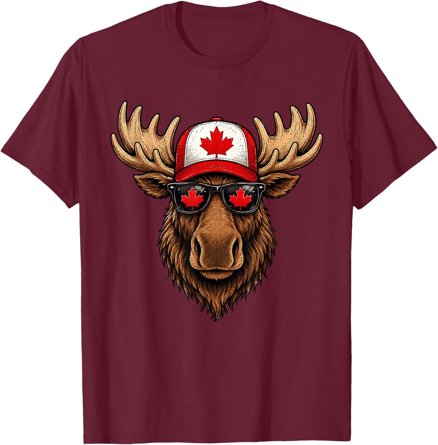 Canada Day Patriotic Moose Flag Maple Leaf Canadian Animal T-Shirt - T-Shirt | Maroon