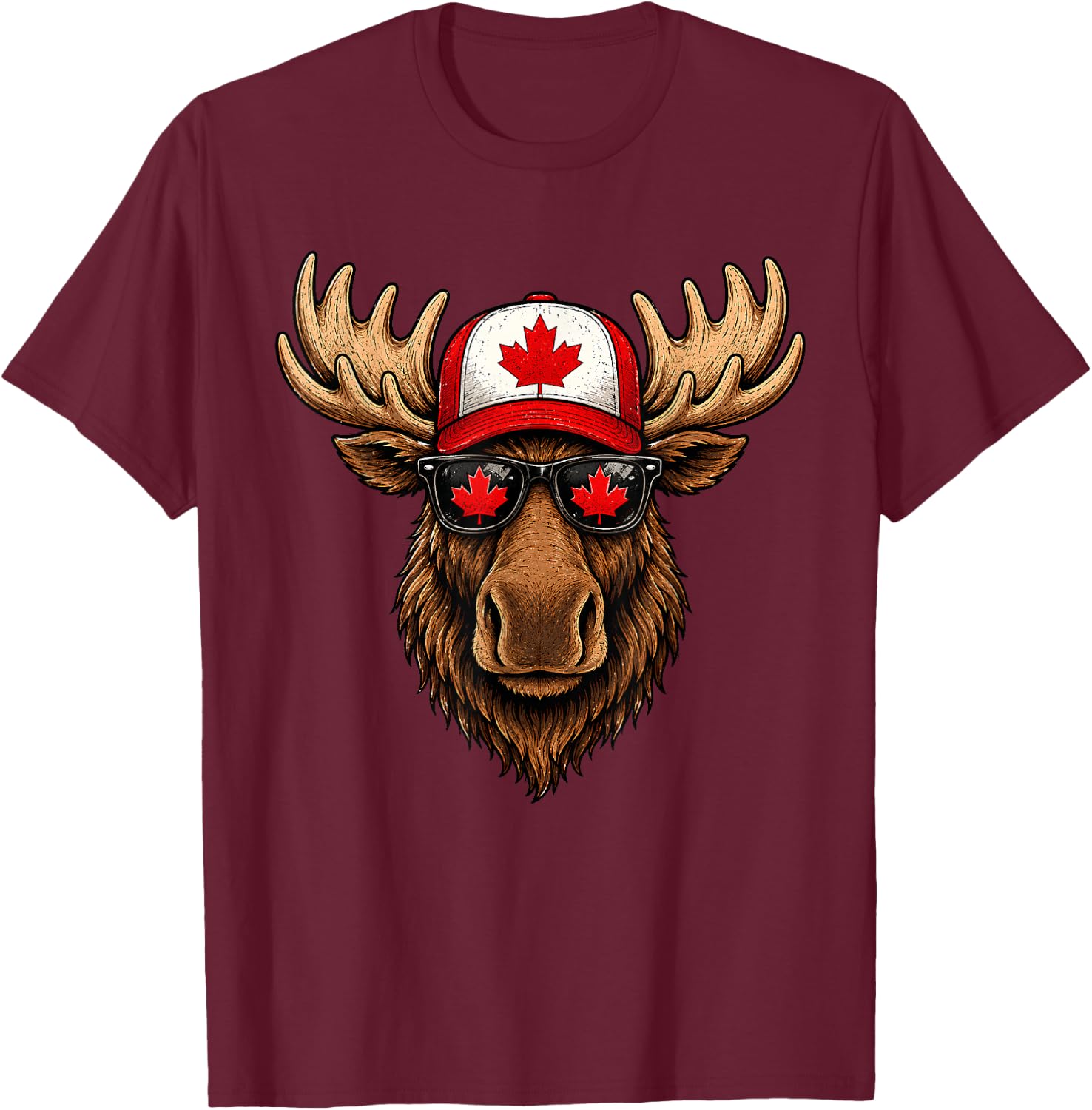 Canada Day Patriotic Moose Flag Maple Leaf Canadian Animal T-Shirt - T-Shirt | Maroon