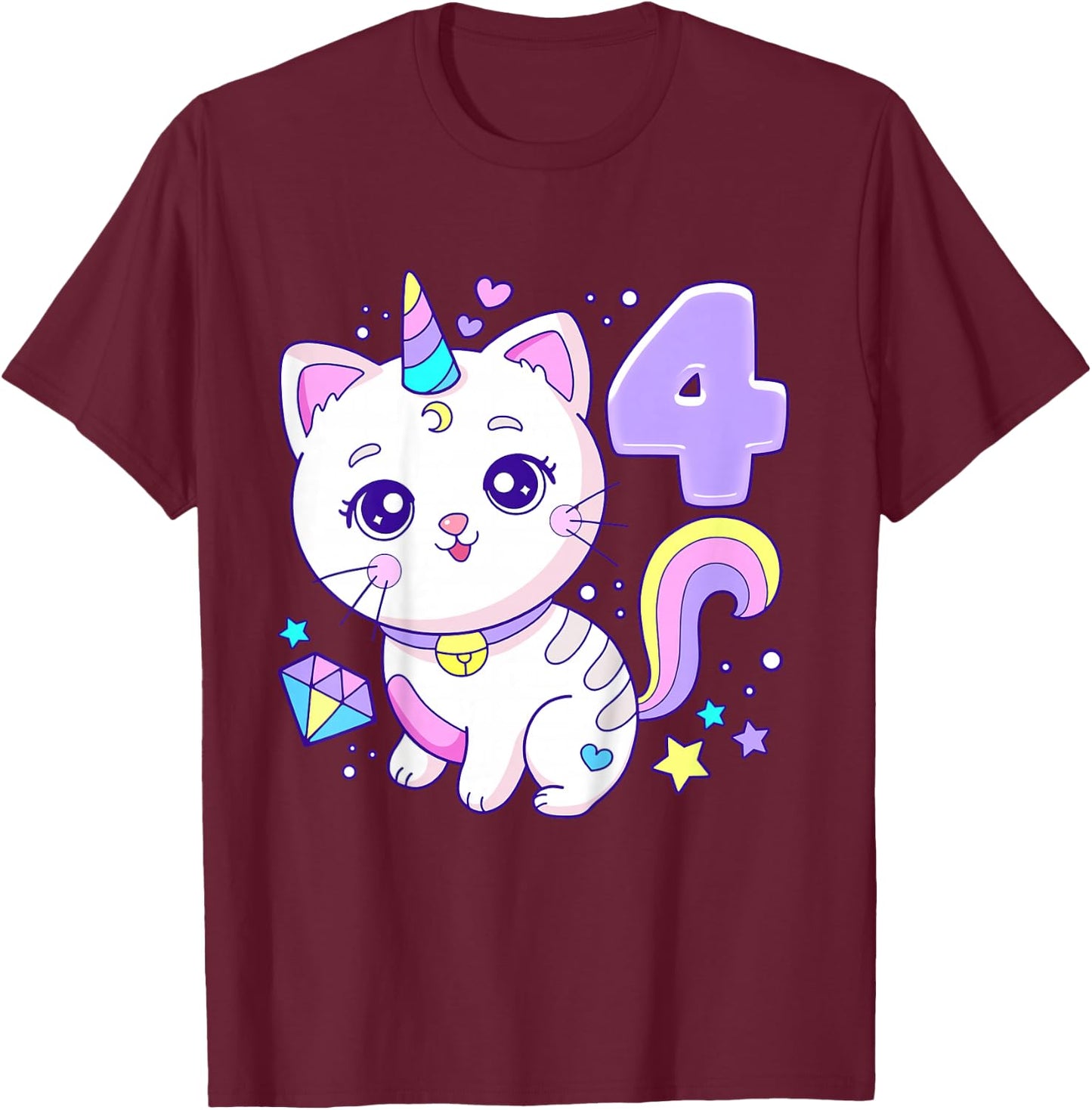 Birthday girl 4 years old, cat, unicorn, 4th birthday T-Shirt - T-Shirt | Maroon
