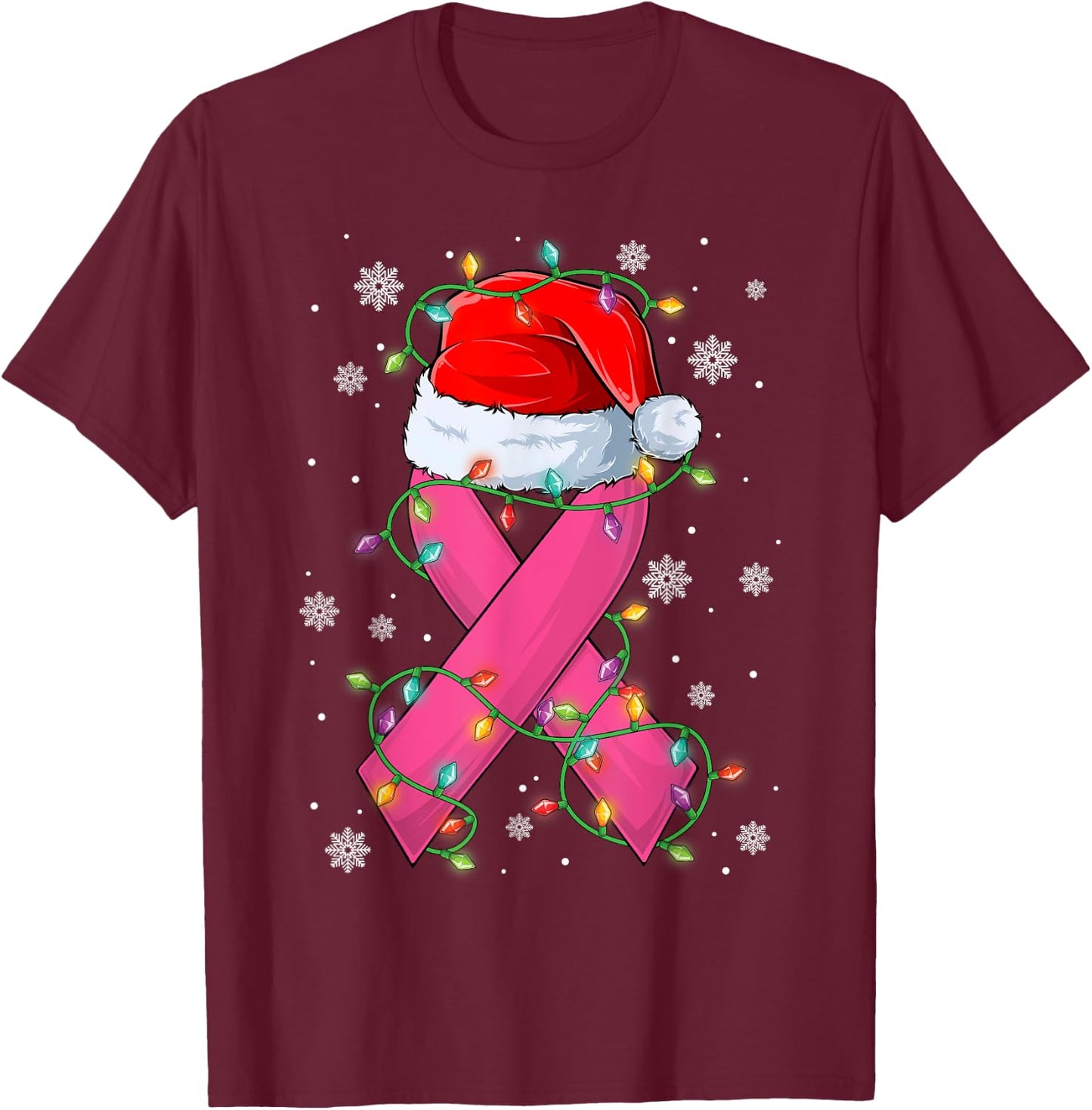 Pink Ribbon Santa Hat Christmas Tree Lights Breast Cancer T-Shirt - T-Shirt | Maroon