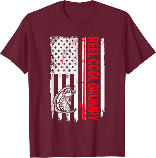 Reel Cool Grumpy Fishing American Flag Funny Grandpa T-Shirt - T-Shirt | Maroon