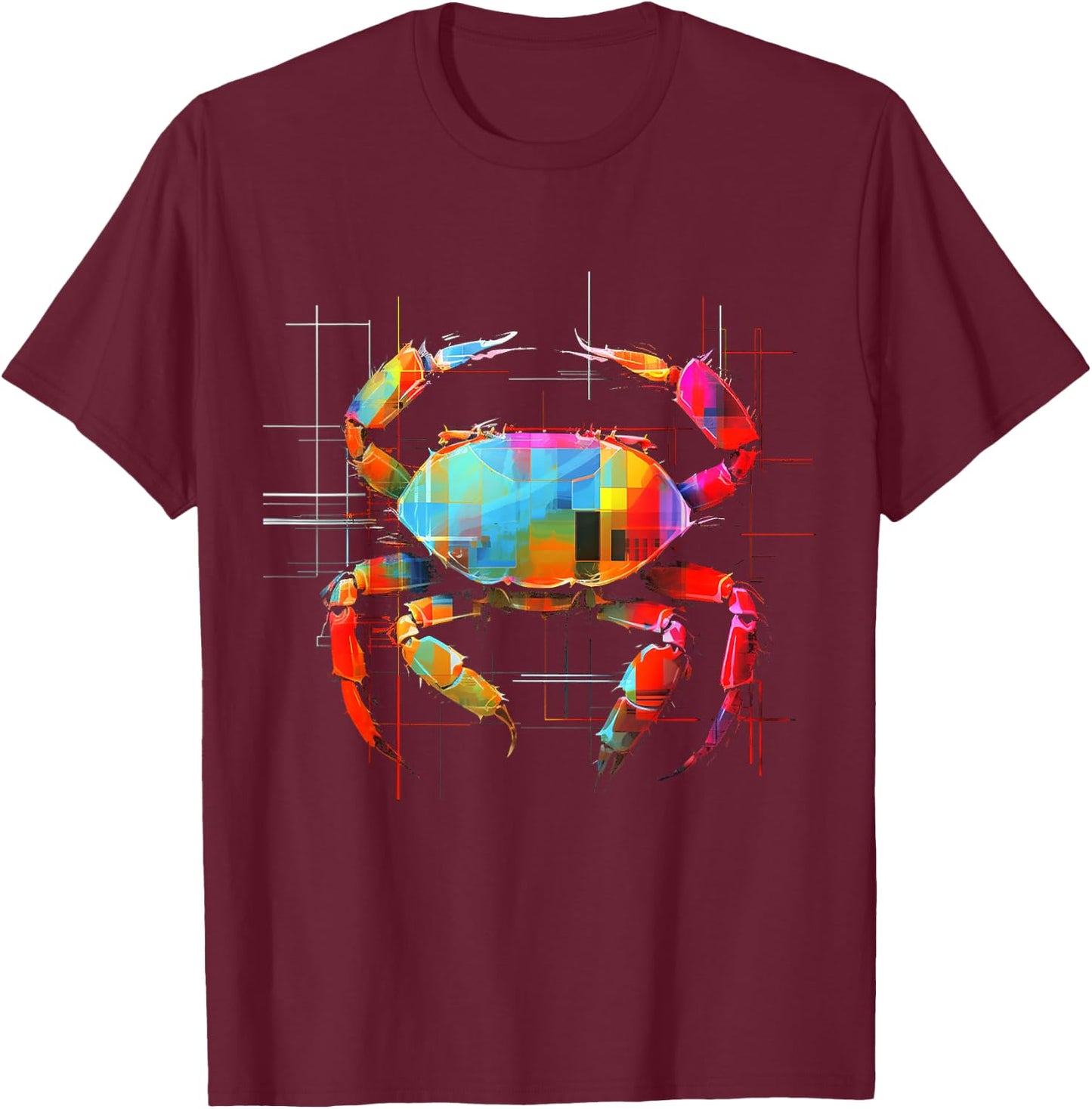 Crab Geometric Animal Art Graphic Motif Crab T-Shirt - T-Shirt | Maroon