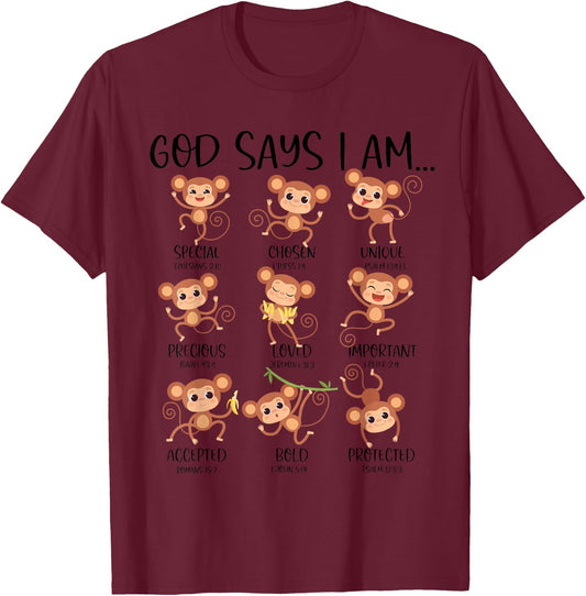 God Say I Am Love Monkeys Cute Bible Quotes Cute Monkey Love T-Shirt - T-Shirt | Maroon