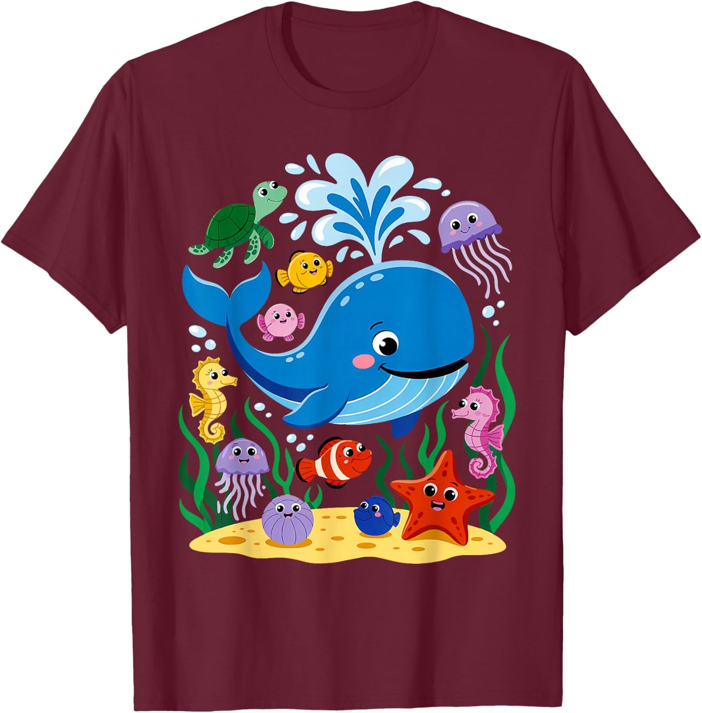 Sea Ocean Animals Whale Octopus Starfish Crab Kids Toddlers T-Shirt - T-Shirt | Maroon