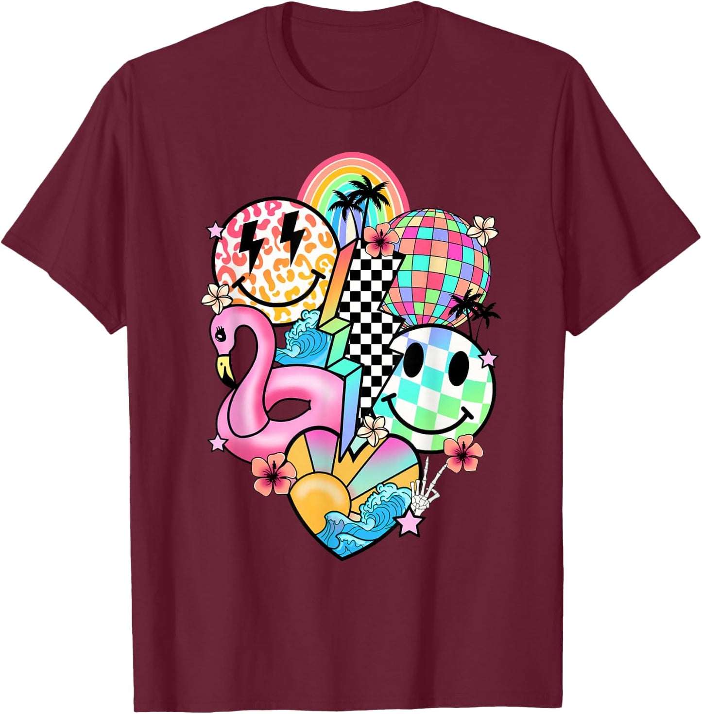 Retro Groovy Summer Vibes Smile Face Hello Summer Vacation T-Shirt - T-Shirt | Maroon
