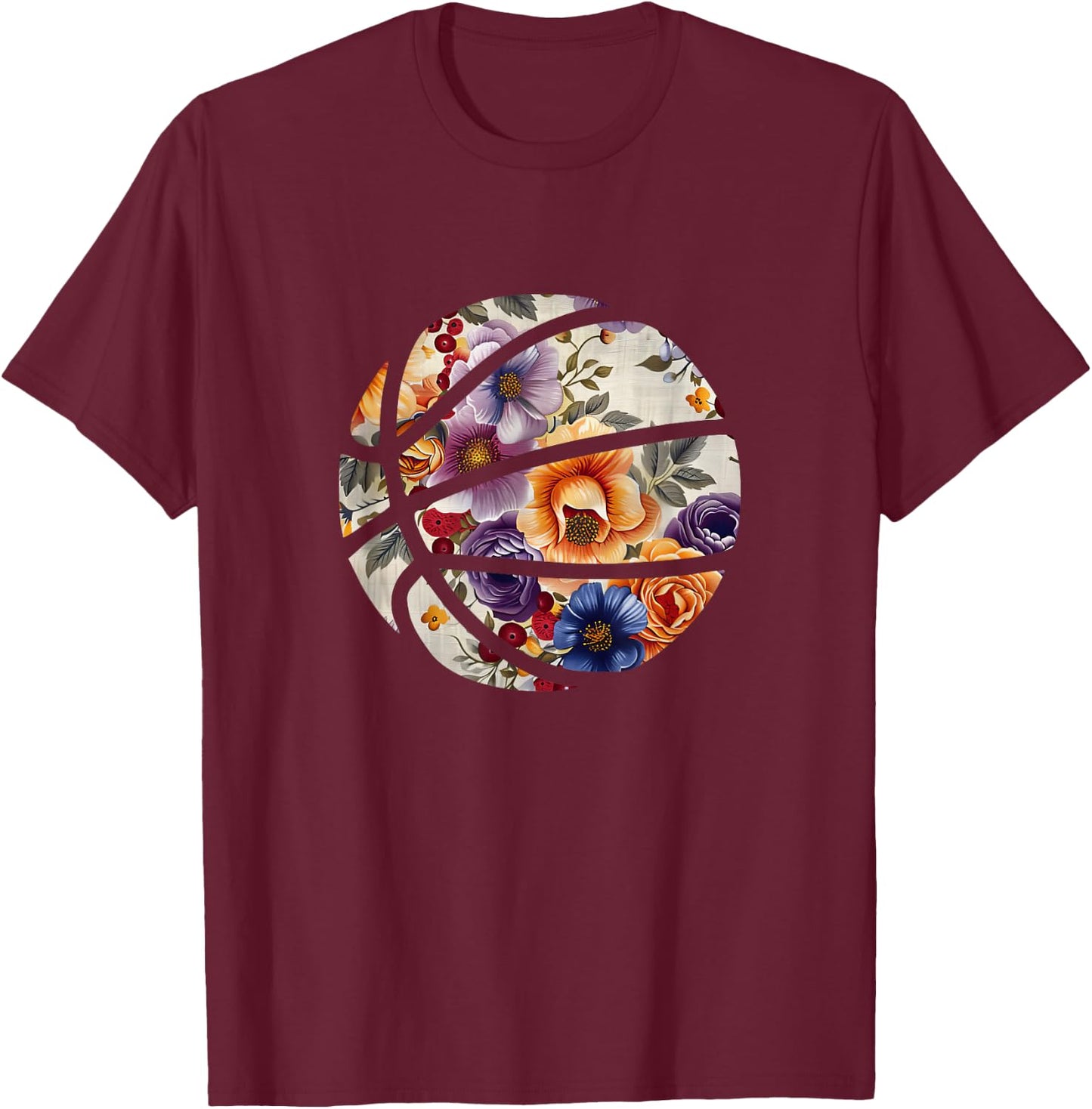 Basketball Silhouette Flowers Botanical Floral T-Shirt - T-Shirt | Maroon