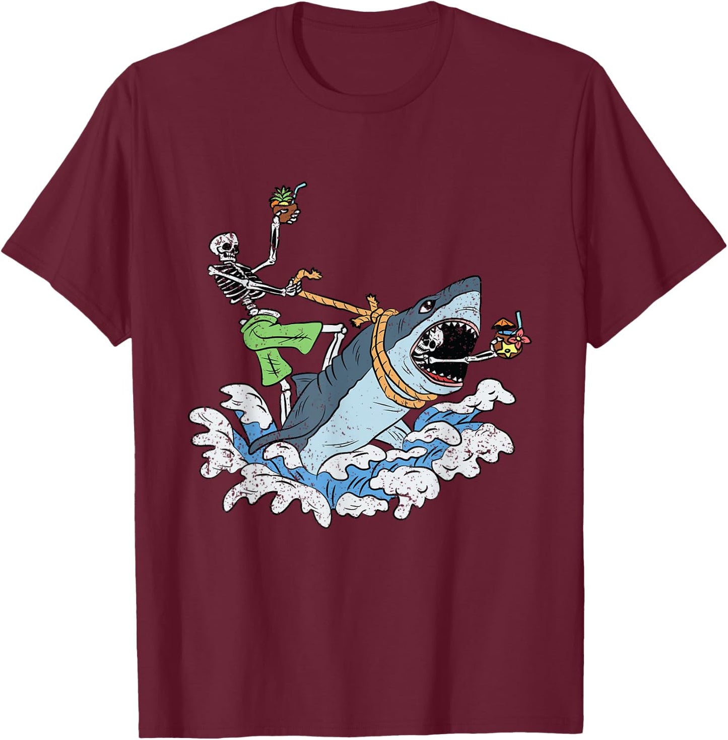 Skeleton Riding Shark Halloween Costume Bones Sea Animal T-Shirt - T-Shirt | Maroon