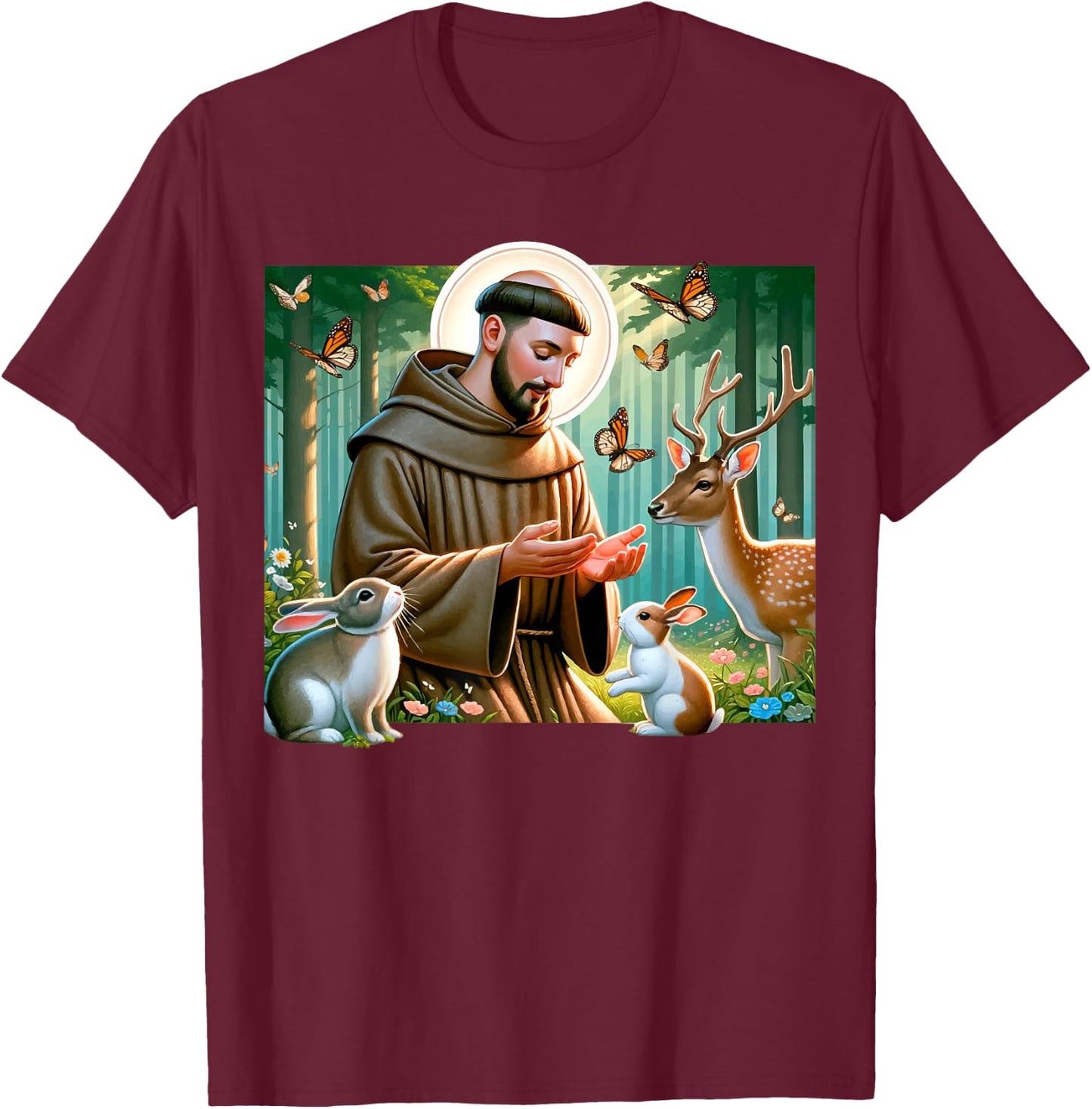 St Francis of Assisi Patron Saint of Animals Forest Catholic T-Shirt - T-Shirt | Maroon