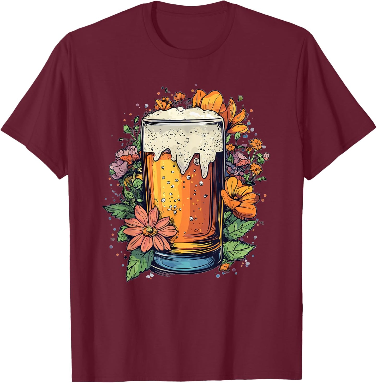 Floral Beer Glass With Blossoming Flowers T-Shirt - T-Shirt | Maroon