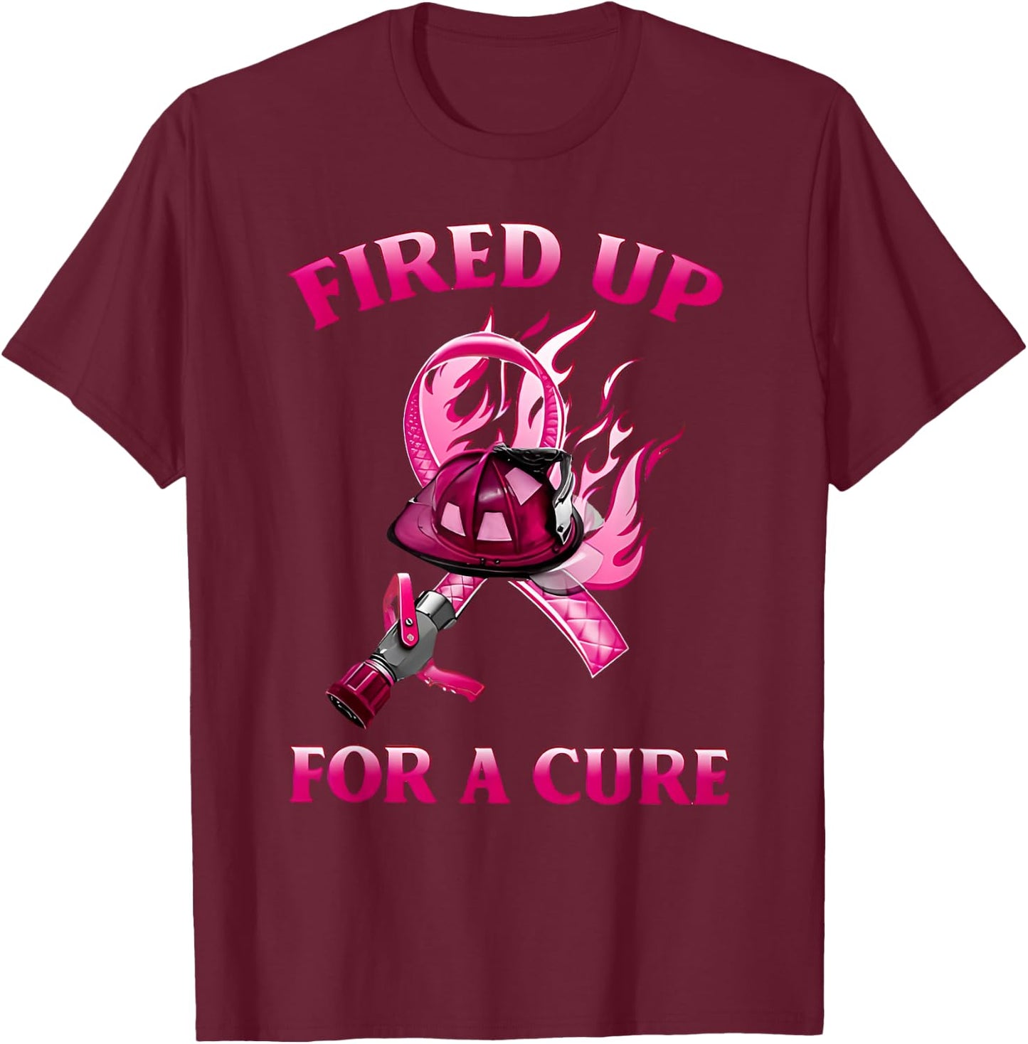 Breast Cancer Fired Up for a Cure Cute Pink Ribbon Fireman T-Shirt - T-Shirt | Maroon