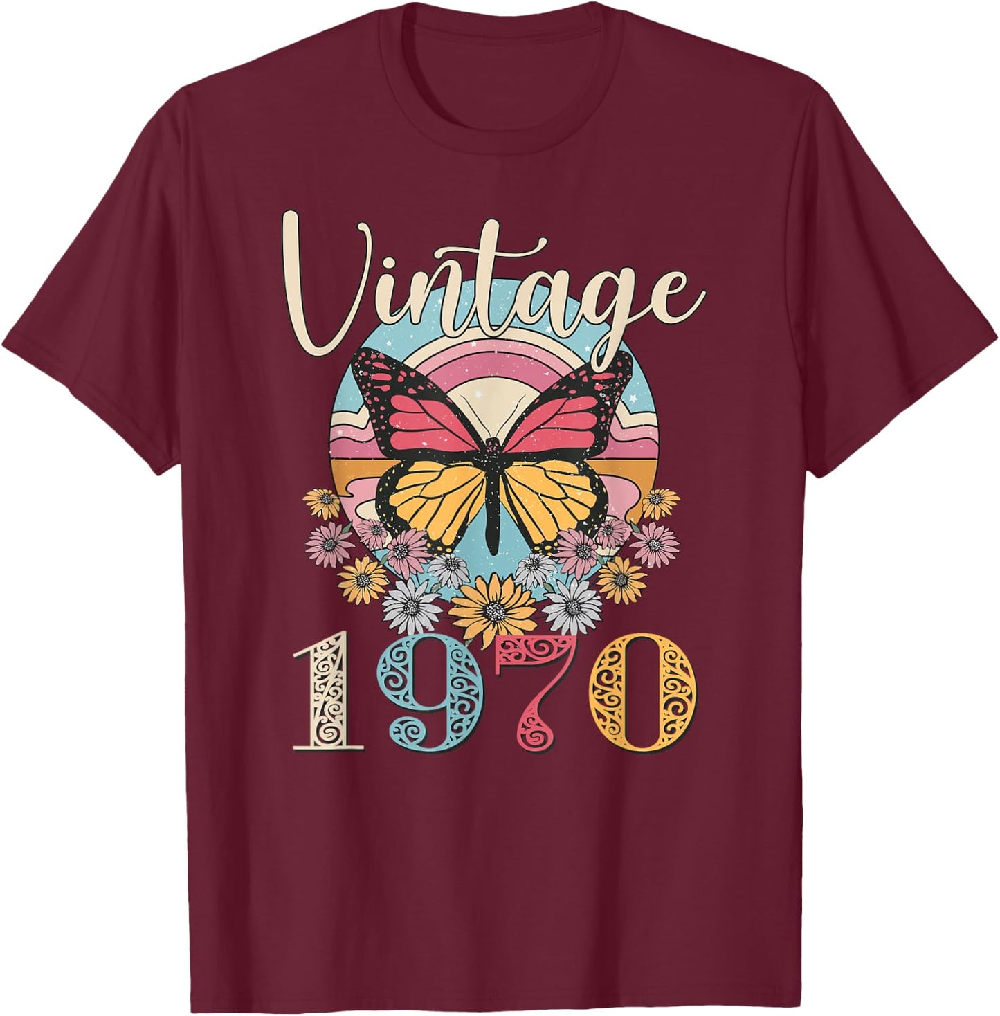 Vintage 52th 1970 Butterfly Floral Birthday Women Mom Gifts T-Shirt - T-Shirt | Maroon