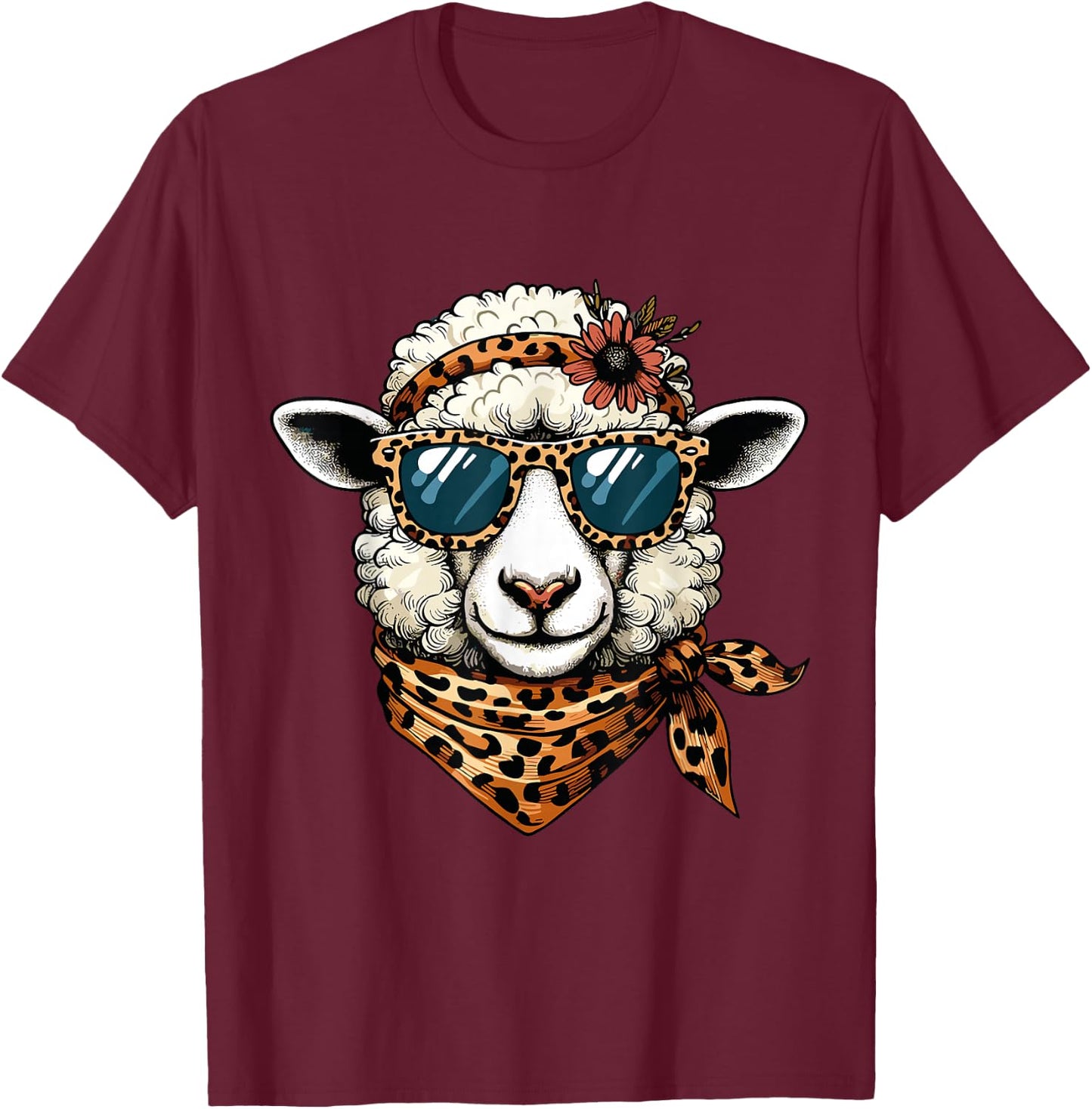 Lamb Sheep Wearing Leopard Scarf Animal Sunglasses T-Shirt - T-Shirt | Maroon