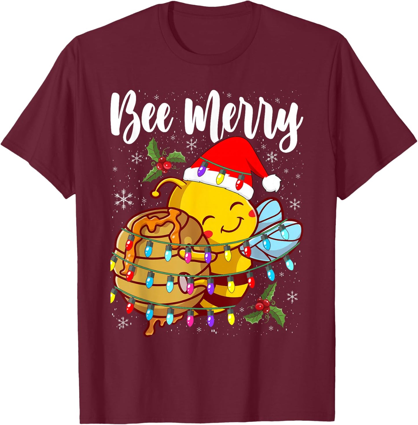Bee Wears Santa Hat Xmas Lights T-Shirt - T-Shirt | Maroon