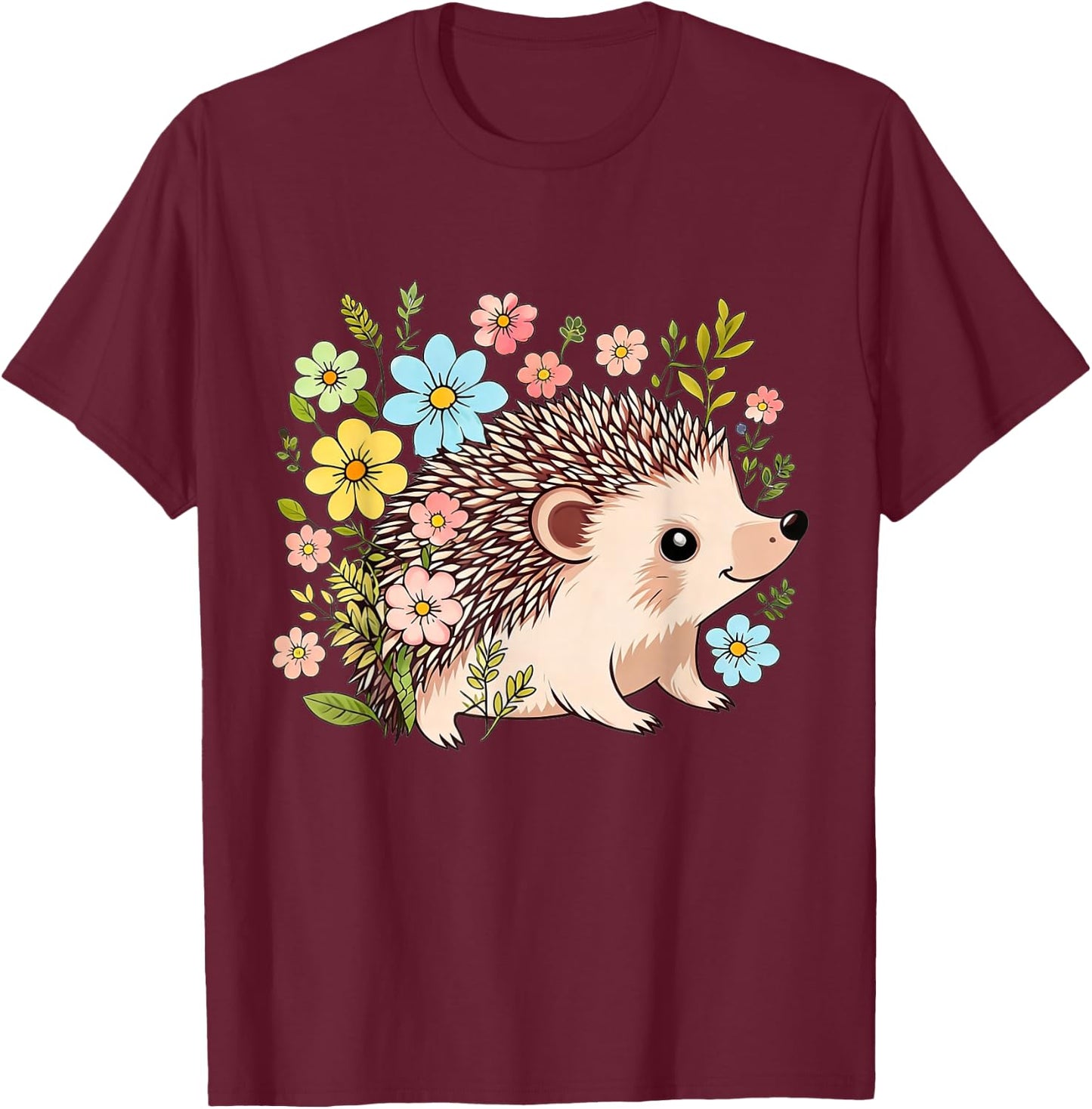 Cute Hedgehog with Flower Funny Animal Lovers Girls Women T-Shirt - T-Shirt | Maroon