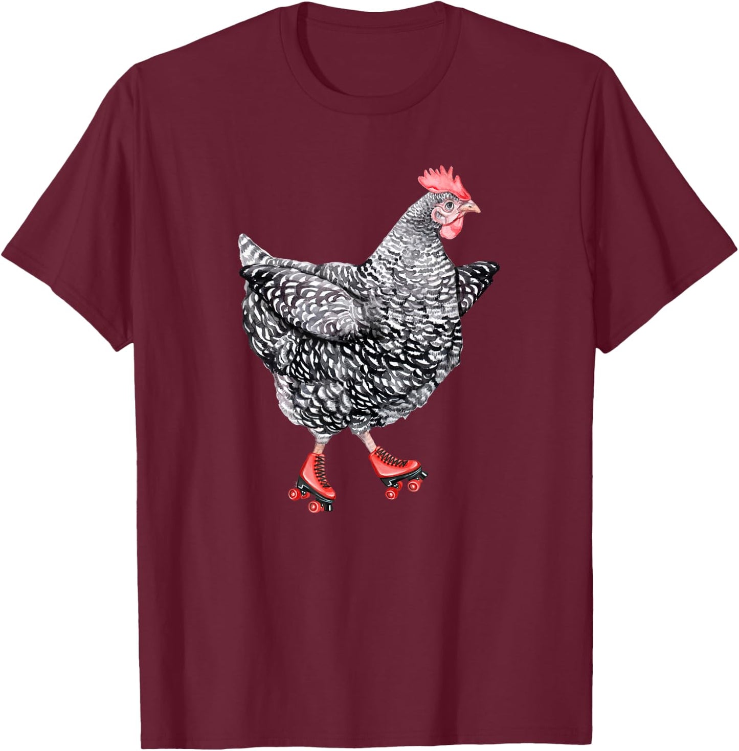 Cute Roller Skating Chicken - Barred Rock Hen Roller Derby T-Shirt - T-Shirt | Maroon
