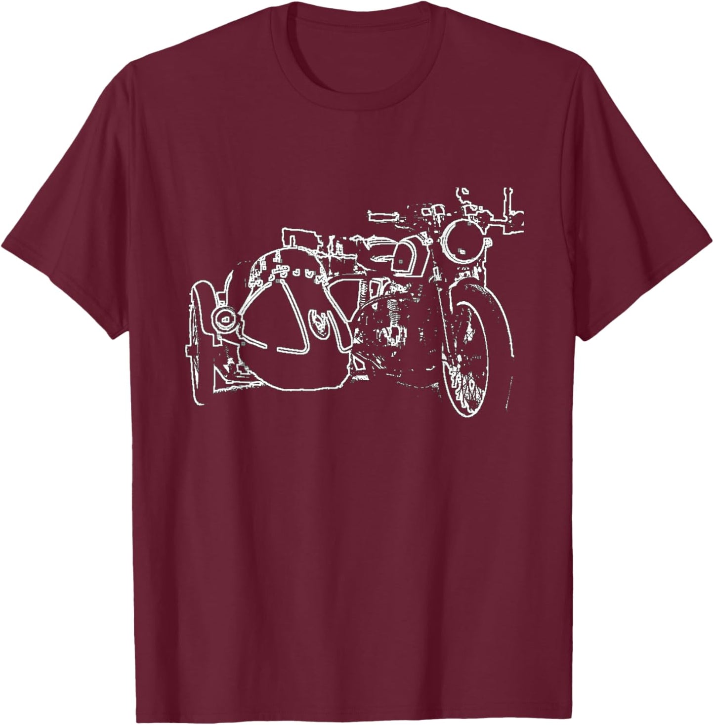 Cool Motorcycle with Sidecar Sketch Line Drawing Art T-Shirt - T-Shirt | Maroon