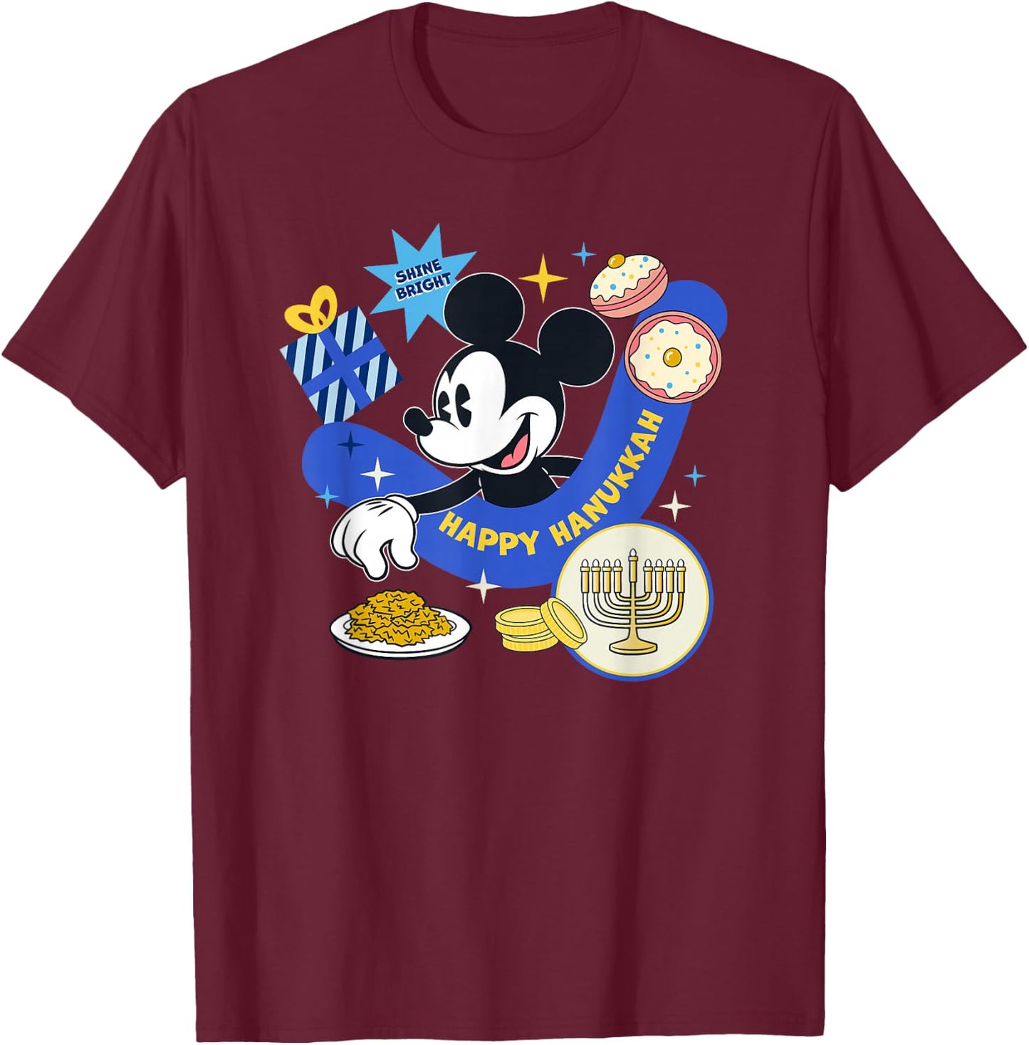 Disney Mickey Mouse Holiday Happy Hanukkah Shine Bright T-Shirt - T-Shirt | Maroon
