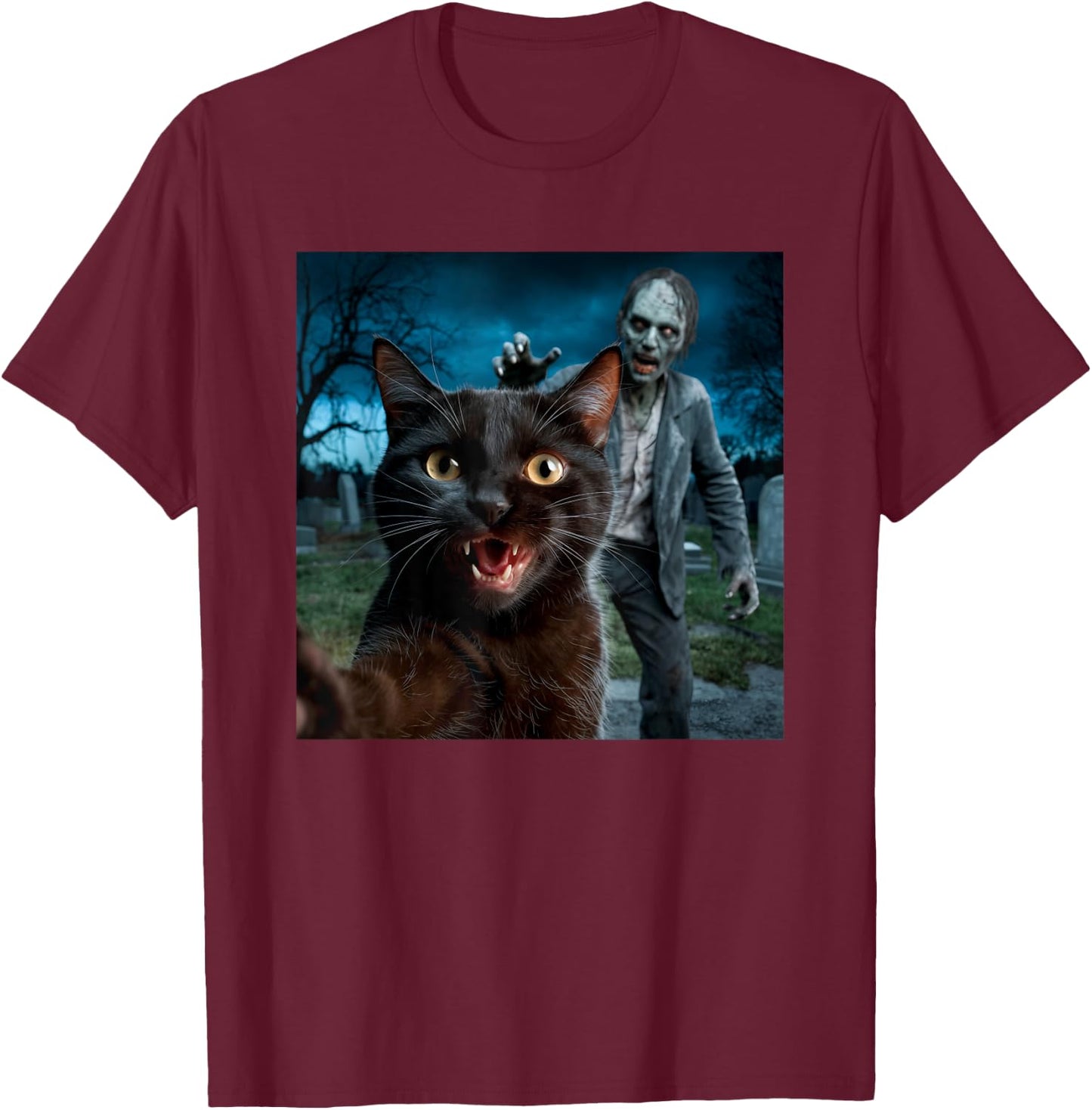 Cat and Zombie Selfie Photo Halloween for Cat Lovers Men Women Kids T-Shirt - T-Shirt | Maroon