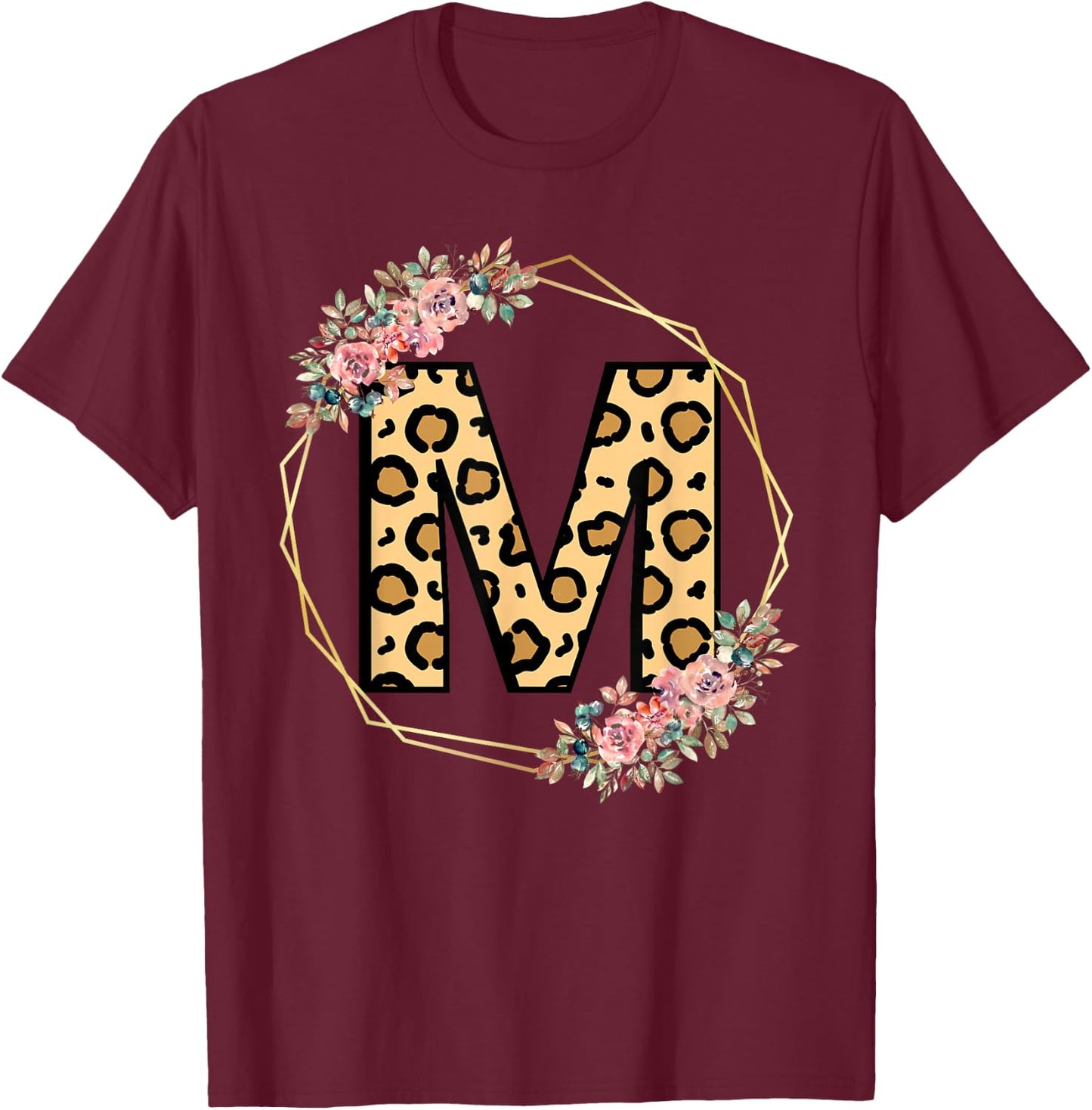 Leopard Letter M Initial Flower Monogram Girls T-Shirt - T-Shirt | Maroon