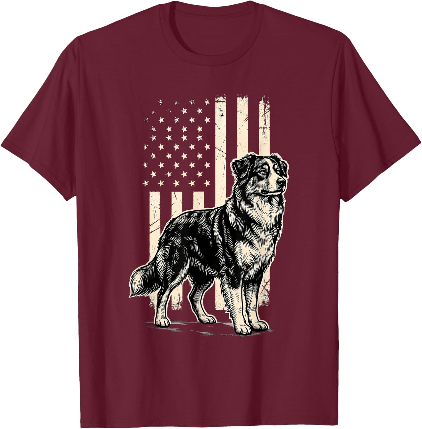 Australian Shepherd Dog Patriotic American Flag 4th of July T-Shirt - T-Shirt | Maroon