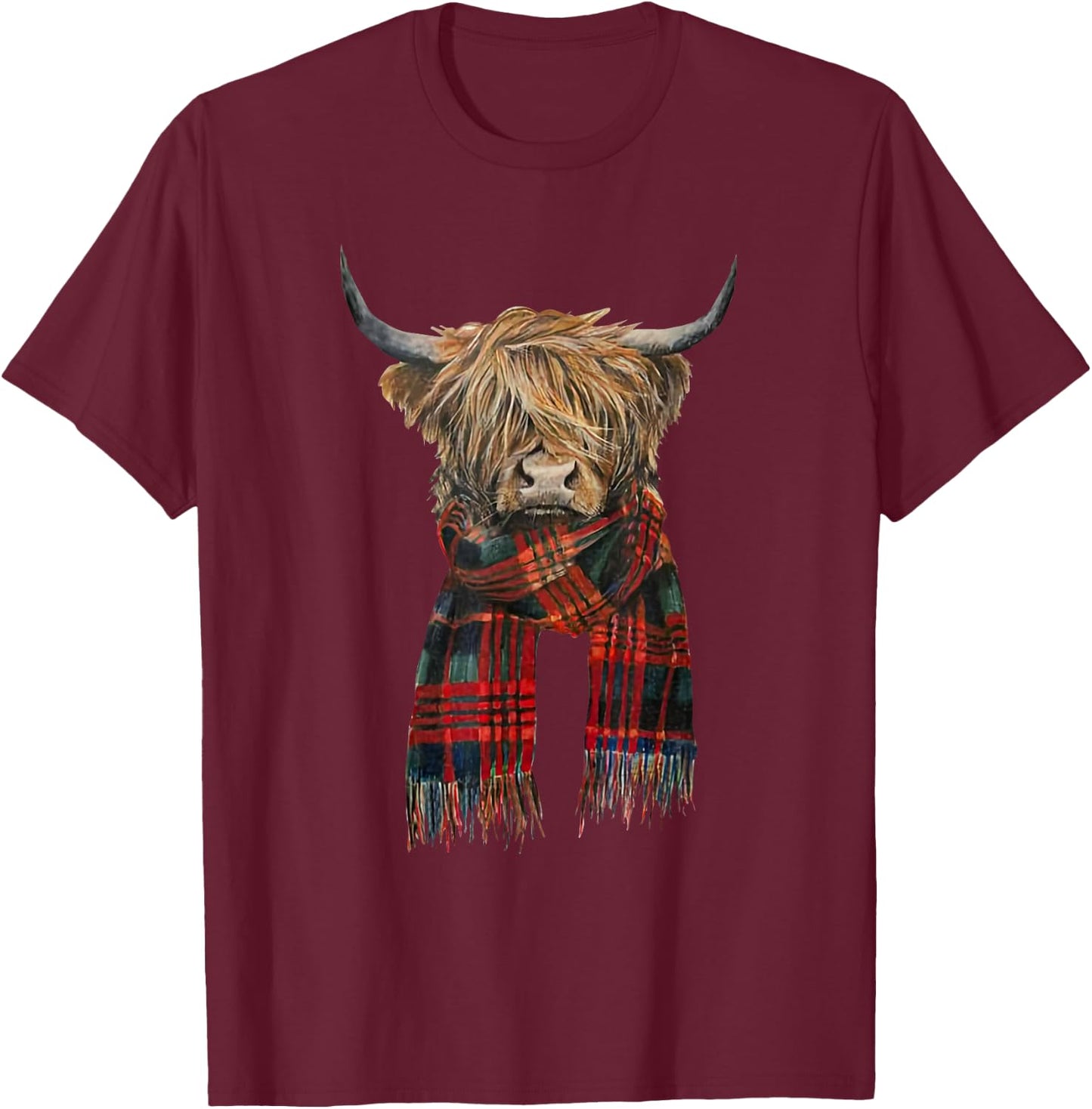 Cute Highland Cow Wearing Buffalo Plaid Scarf Farming Farmer T-Shirt - T-Shirt | Maroon