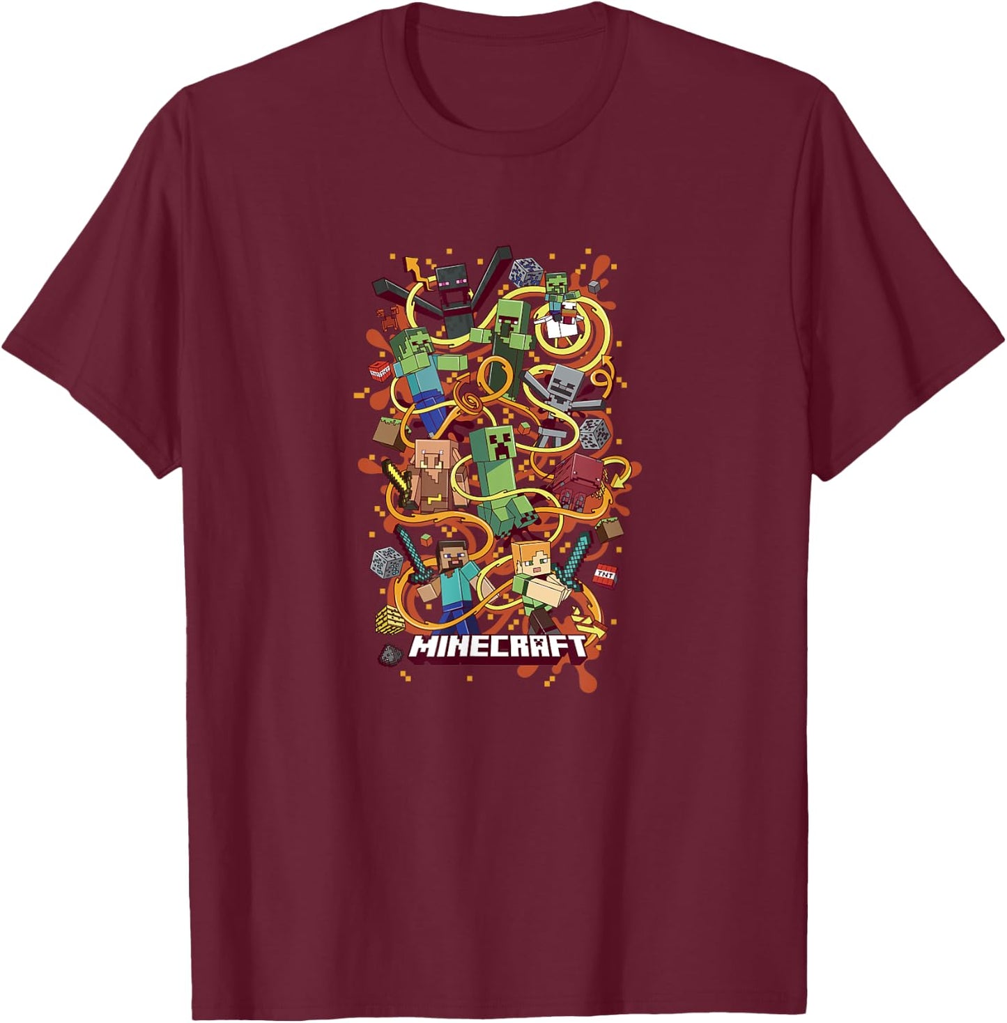 Minecraft Group Shot Funtage Arrow Composition , Black, S T-Shirt - T-Shirt | Maroon