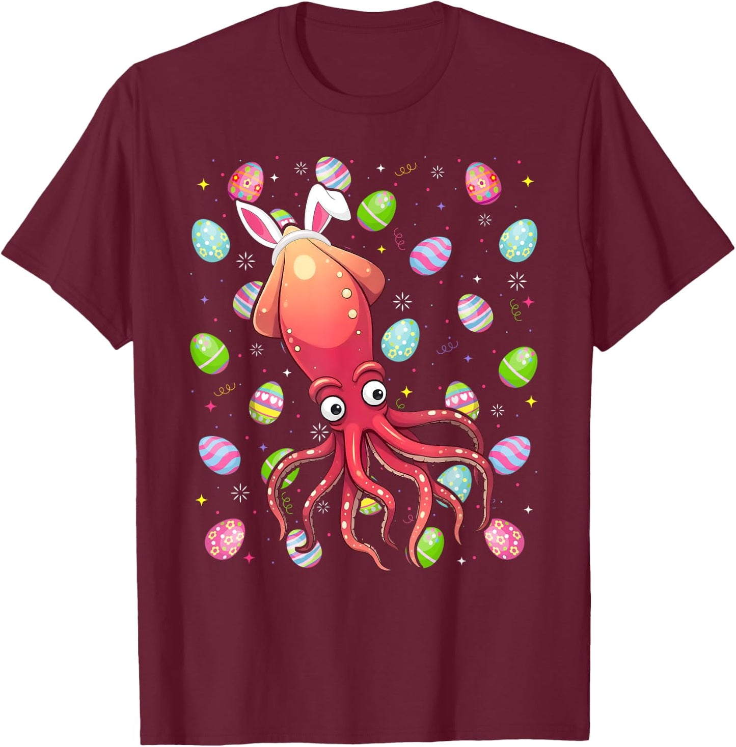Squid Happy Easter Egg Hunt Bunny Ear Squid Easter T-Shirt - T-Shirt | Maroon