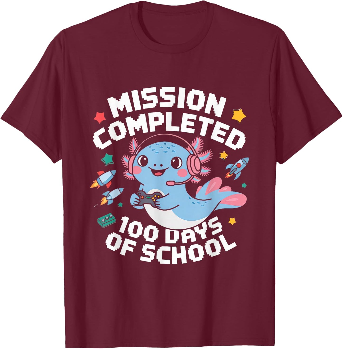 100 Days Of School Boys 100th Day Of School Gamer Axolotl T-Shirt - T-Shirt | Maroon