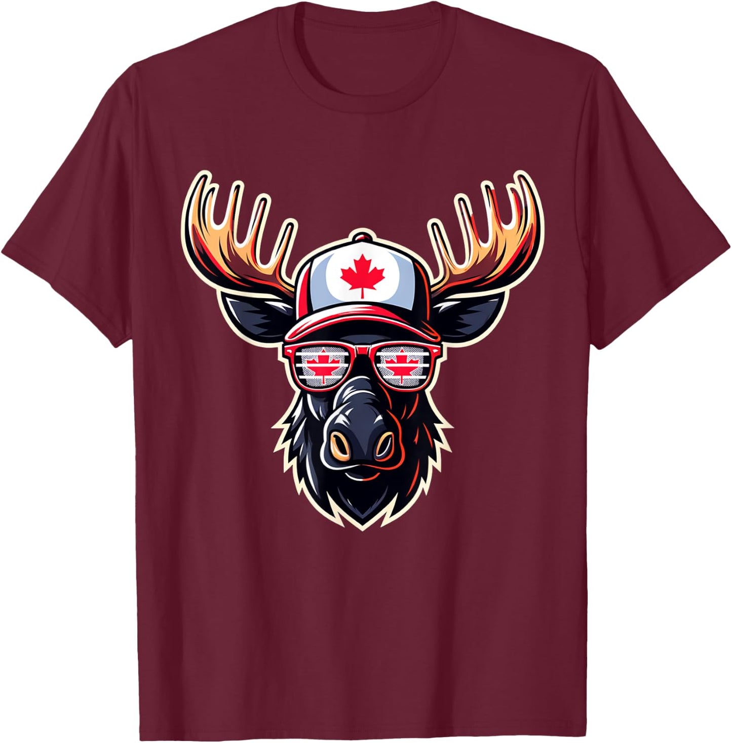 Funny Canada Flag Moose Sunglasses Canadian Flag Maple Leaf T-Shirt - T-Shirt | Maroon