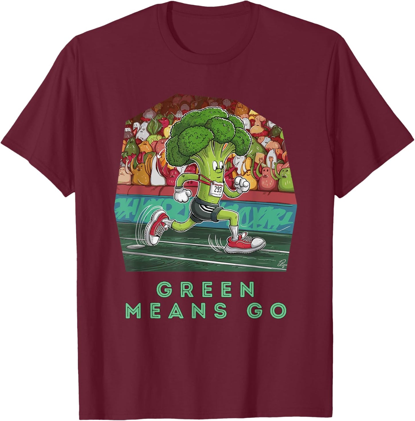 Funny Broccoli Running Cartoon Athletic T-Shirt - T-Shirt | Maroon