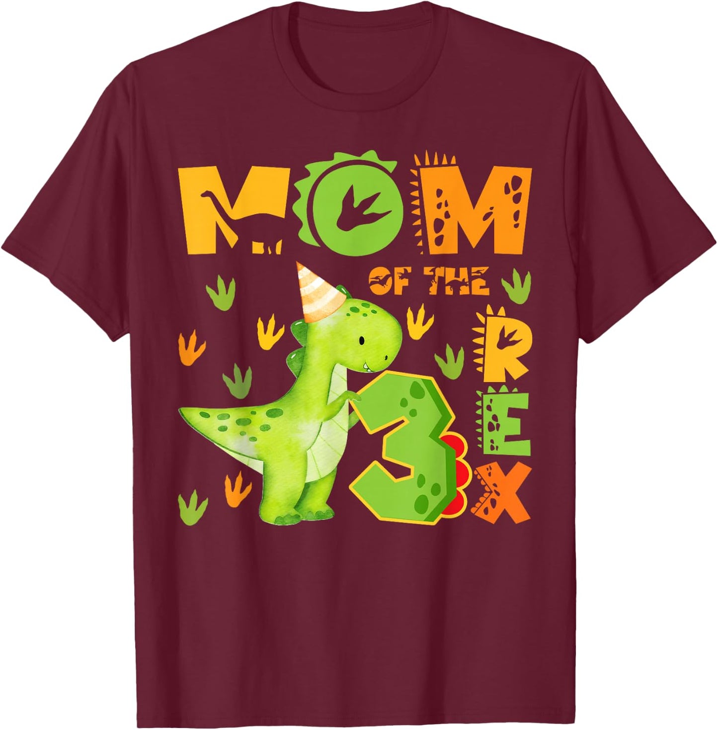 Mom of The Three Rex 3rd Birthday Boy Dinosaur T-Rex T-Shirt - T-Shirt | Maroon
