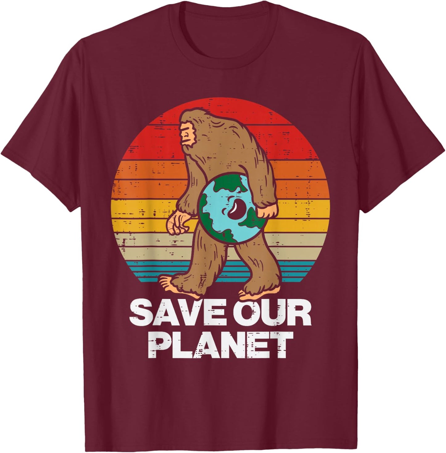 Save Our Planet Bigfoot Sunset Retro Earth Day Sasquatch T-Shirt - T-Shirt | Maroon
