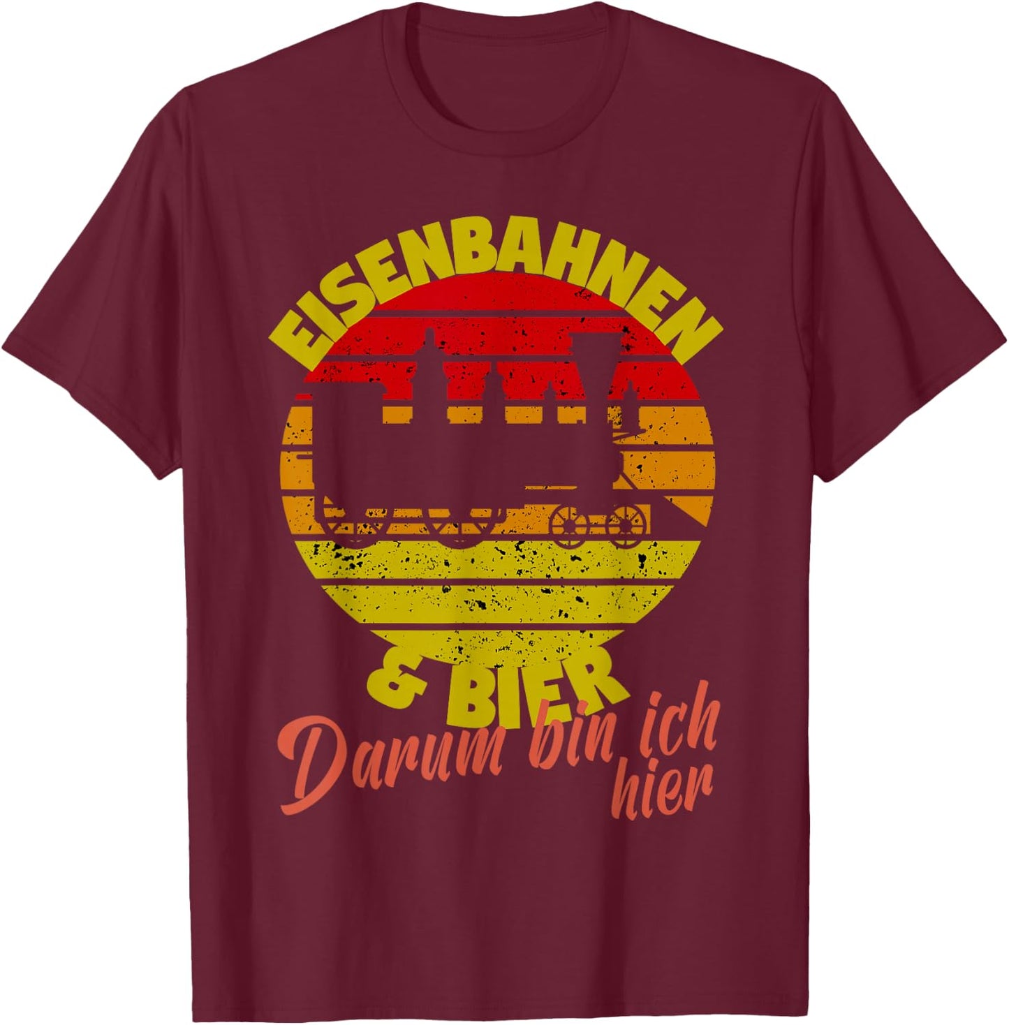 Model Railway with German Text "Eisenbahnen und Bier darum bin ich hier, black T-Shirt - T-Shirt | Maroon